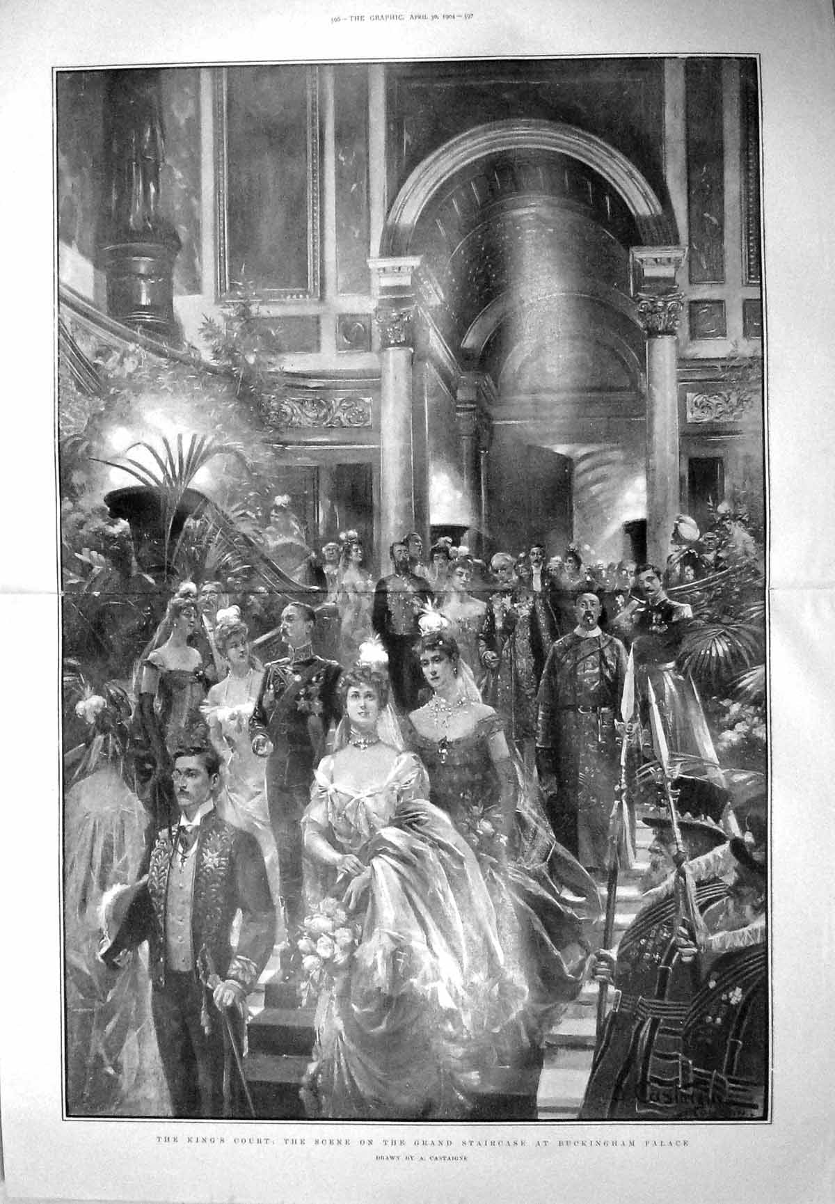 Original Old Antique Print 1904 King'S Court Grand Staircase Buckingham Palace