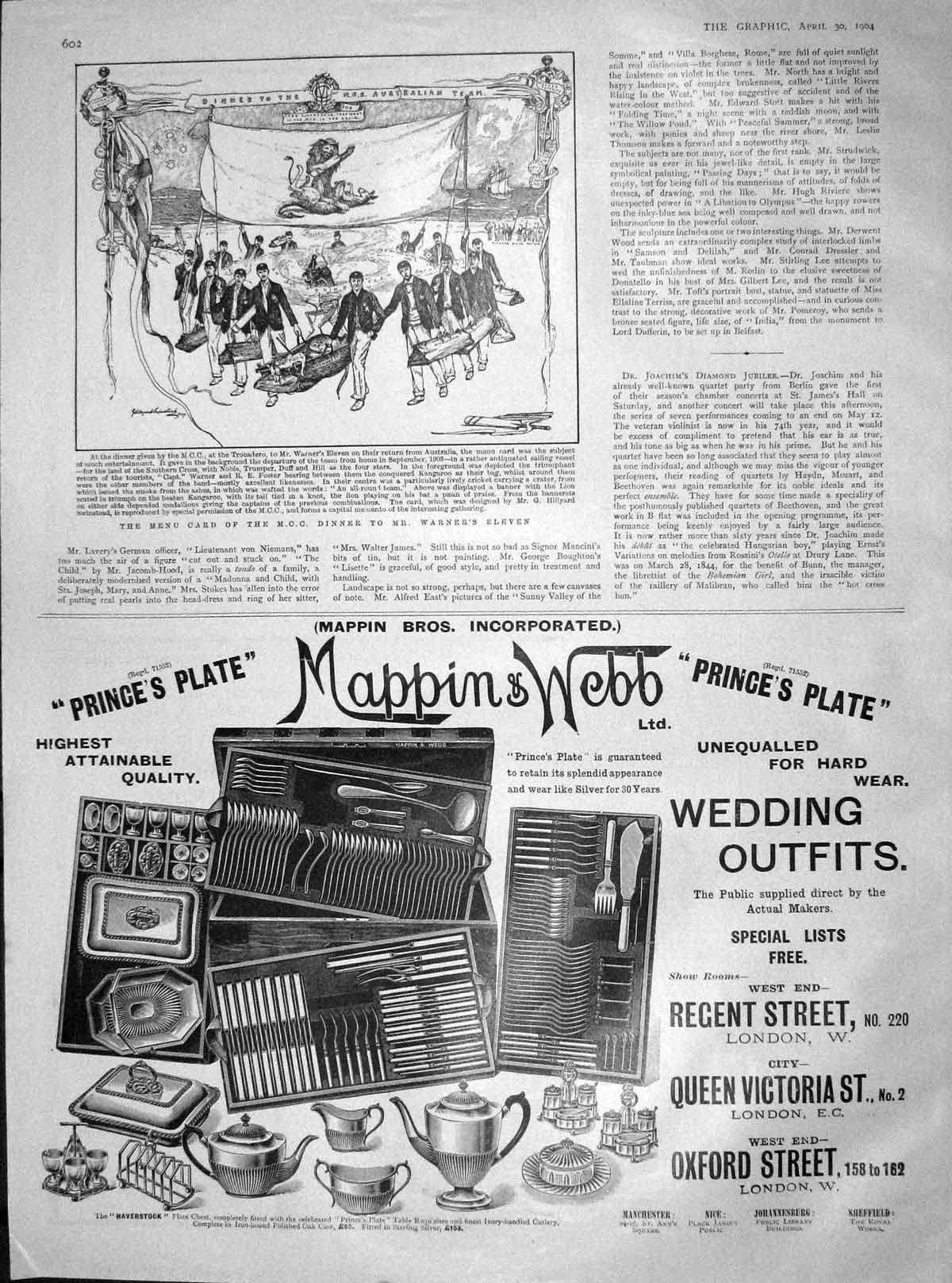 Old Antique Print 1904 Menu Card M.C.C. Dinner Warner'S Eleven Australia 20th