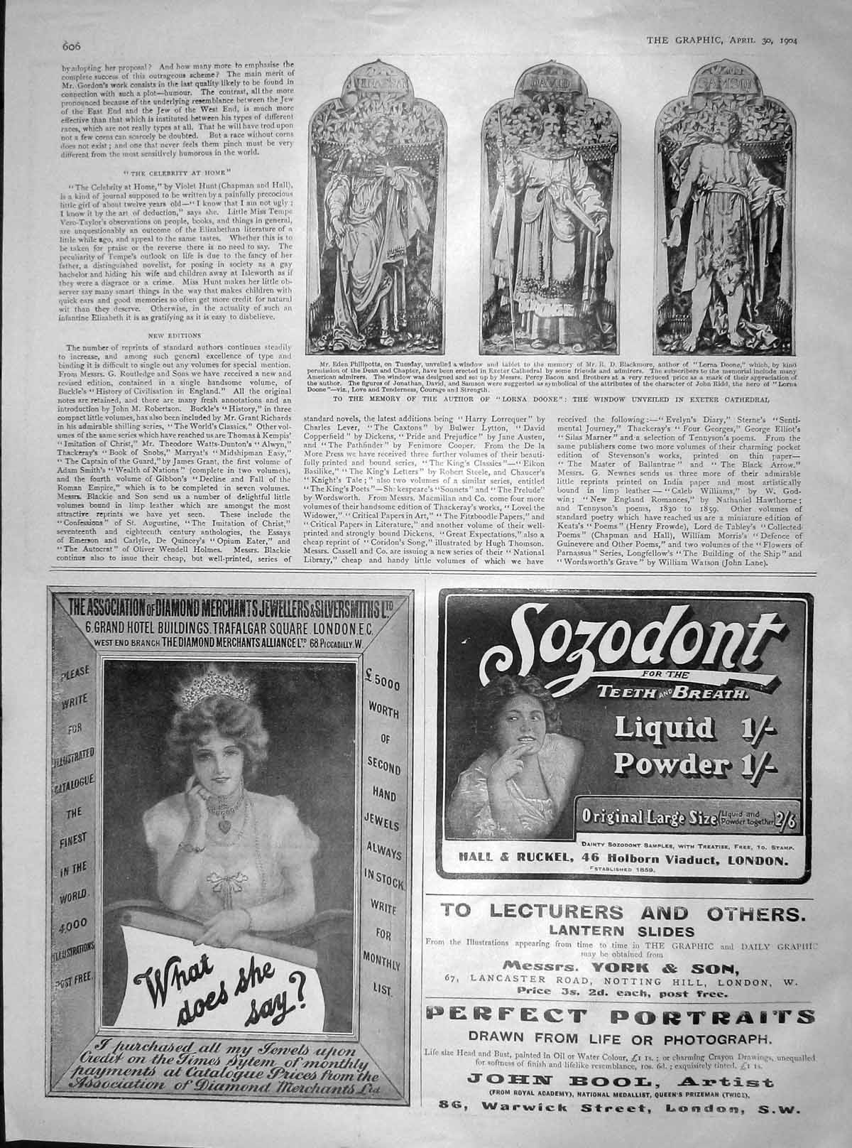 Original Old Antique Print 1904 Window Exeter Cathedral Lorna Doone Sozodont