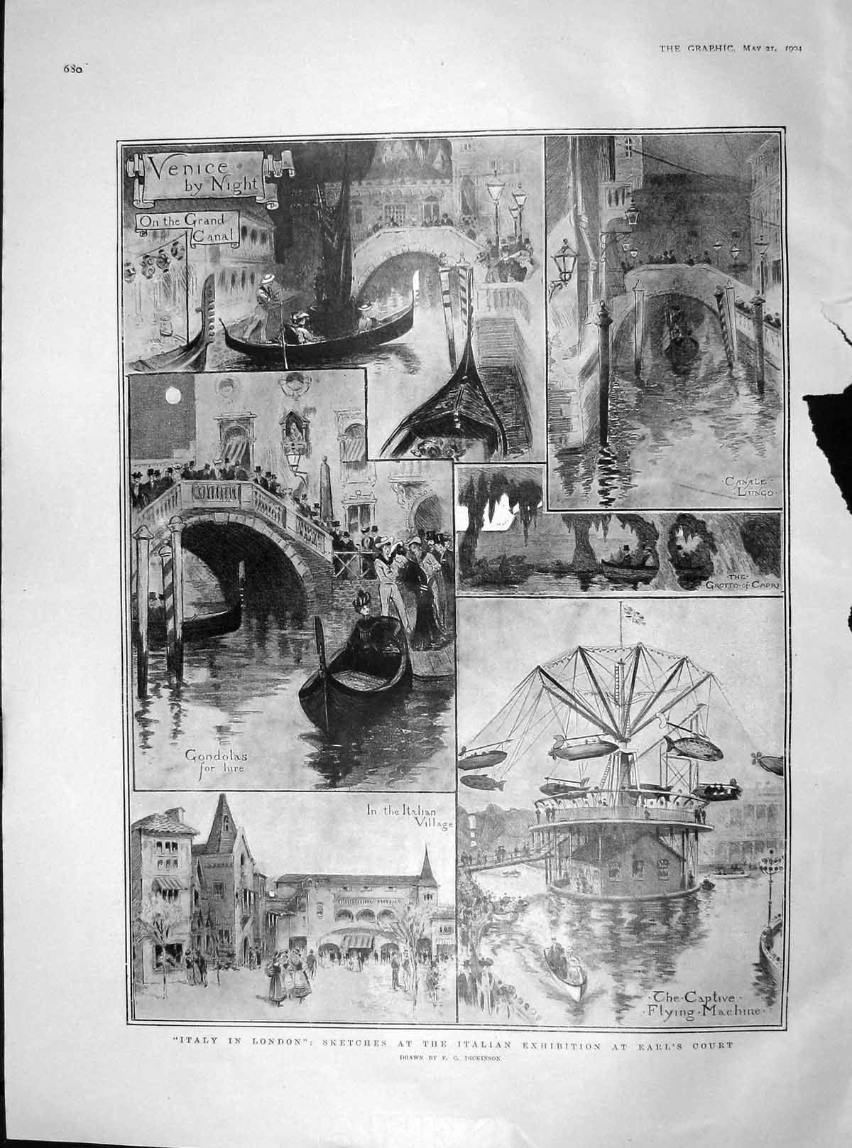 Original Old Antique Print 1904 Italian Exhibition Earl'S Court Gondolas Capri