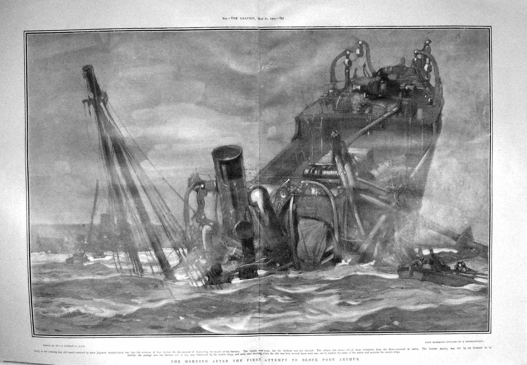 Original Old Antique Print 1904 Port Arthur War Torpedo Boats Blocking Harbour