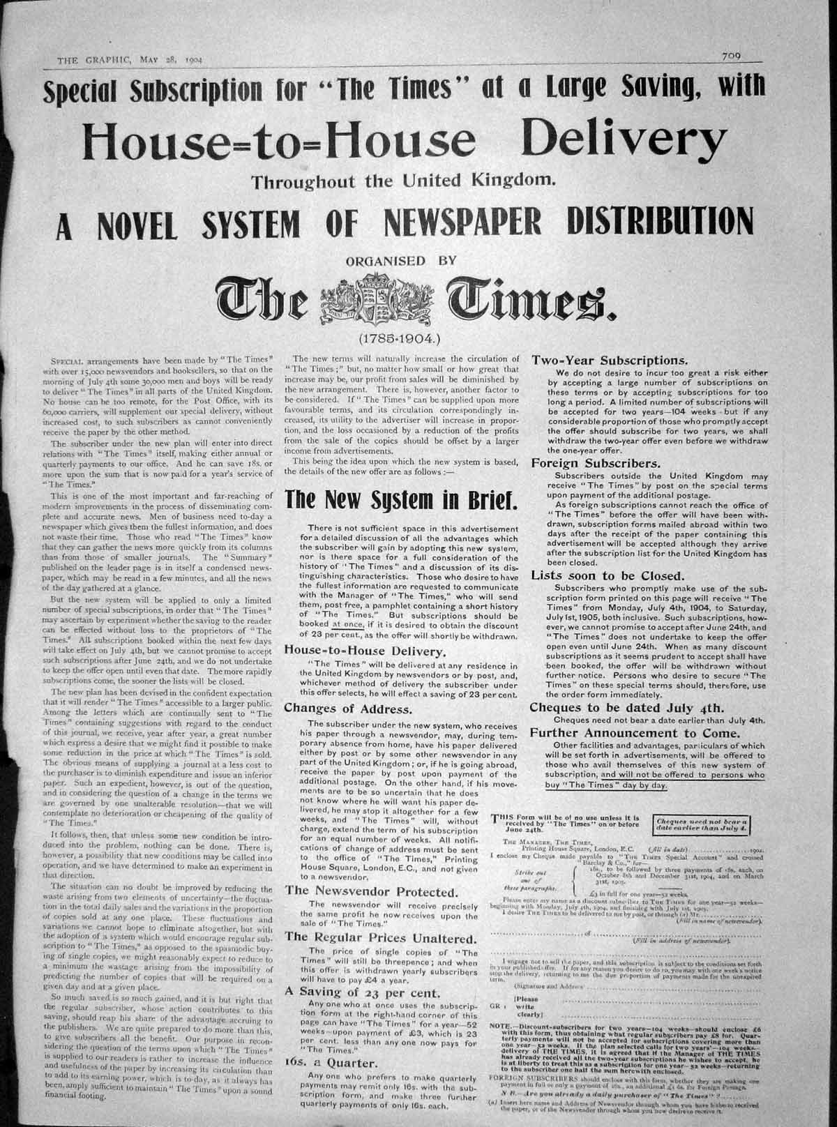 Original Old Antique Print 1904 Subscription Times Newspaper House Delivery