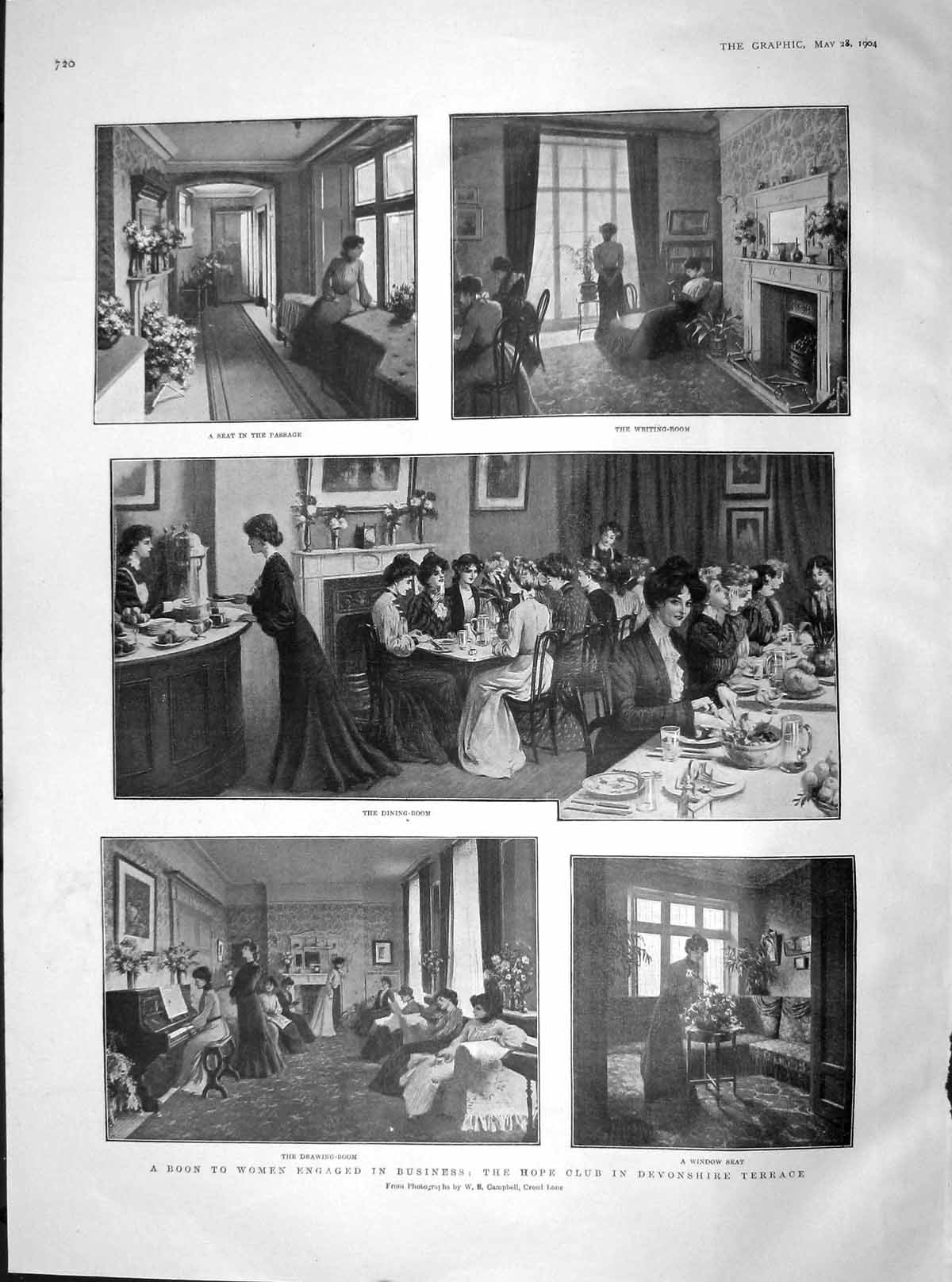 Original Old Antique Print 1904 Hope Club Devonshire Terrace Women Business
