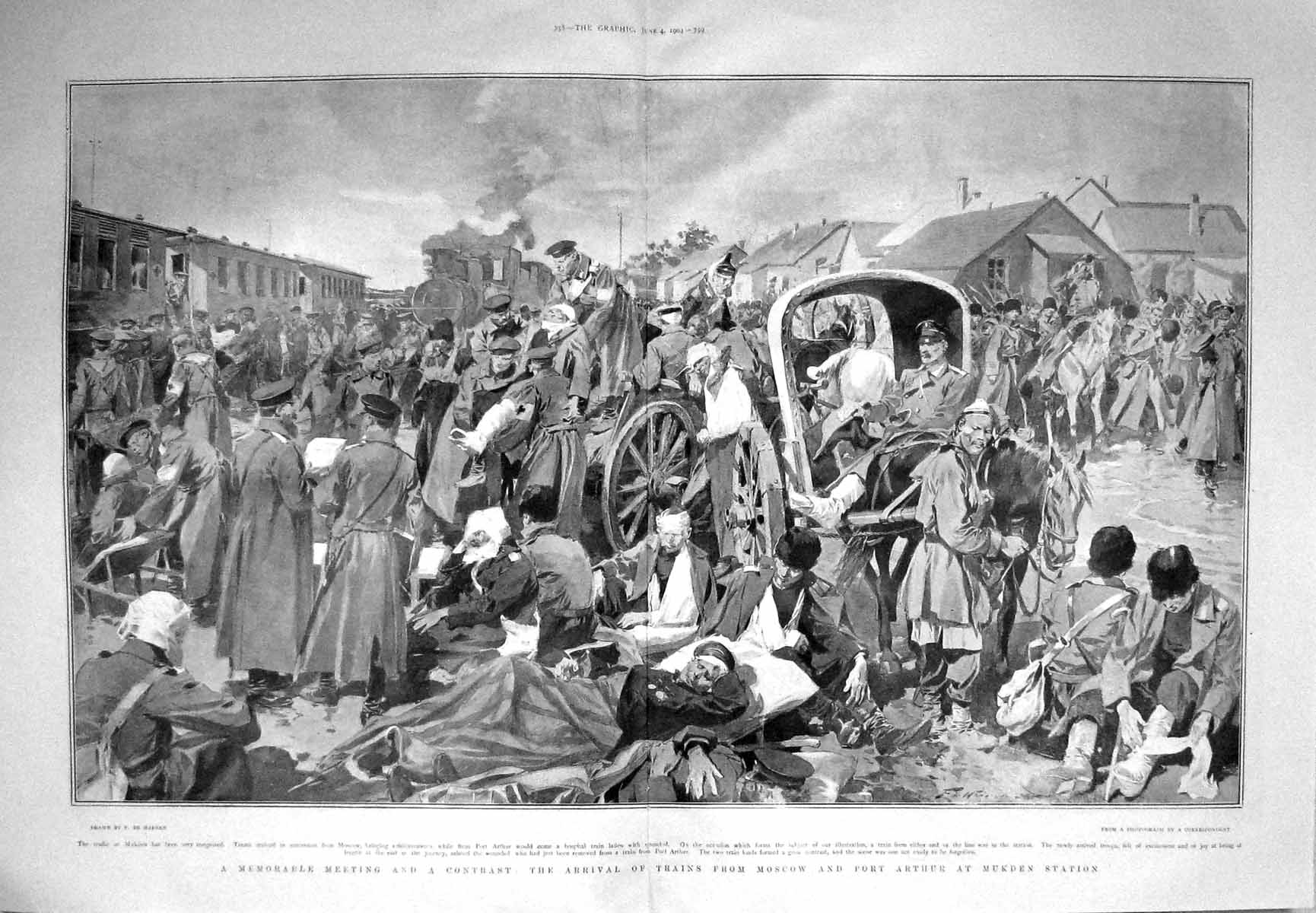 Original Old Antique Print 1904 Scene Arrival Trains Moscow Port Arthur Mukden
