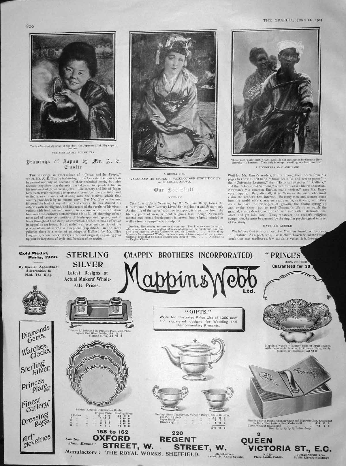 Old Antique Print Damaged 1904 Geisha Girl Tea Pot Jinricksha Man Mappin 20th