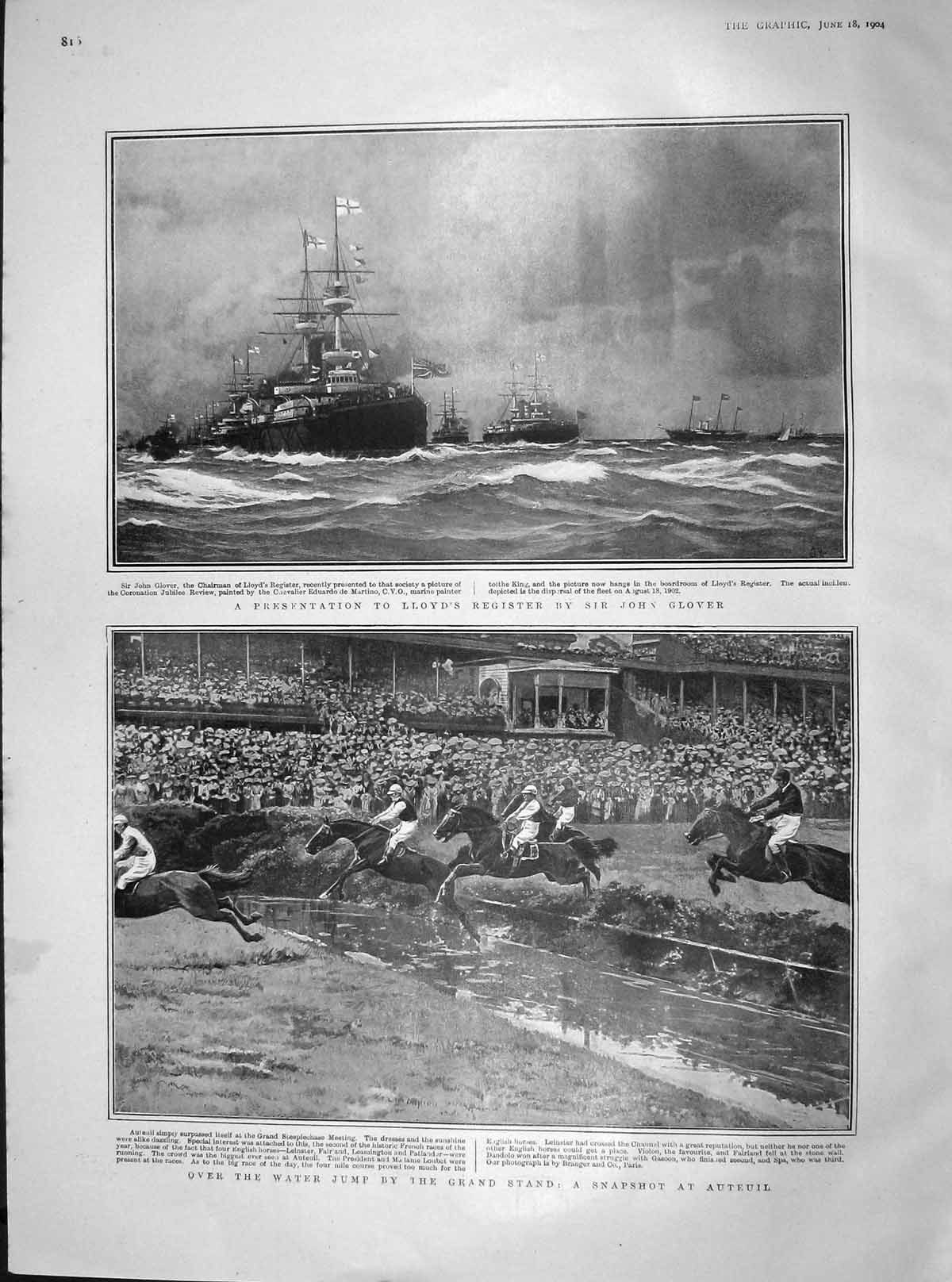 Old Antique Print 1904 Lloyd War Ships Glover Auteuil Horses Steeplechase 20th
