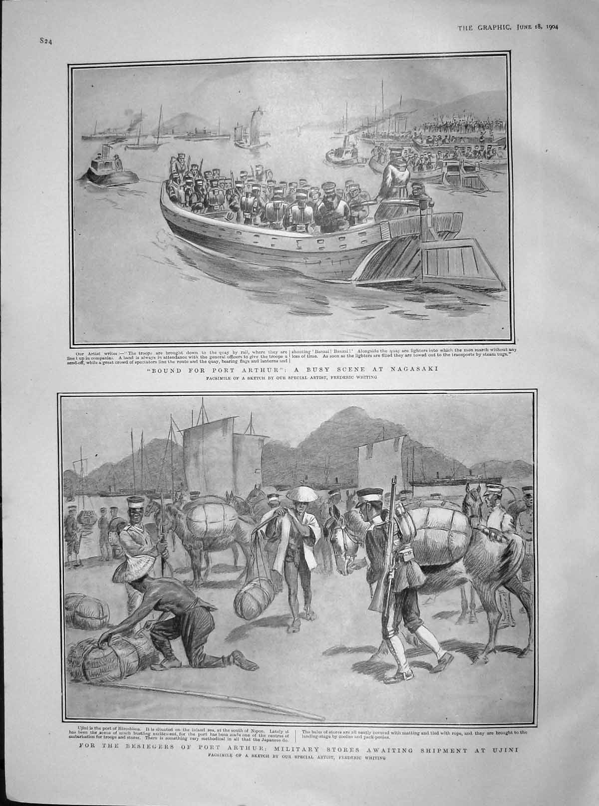 Original Old Antique Print 1904 Nagasaki War Siers Boats Ujini Hiroshima Japan
