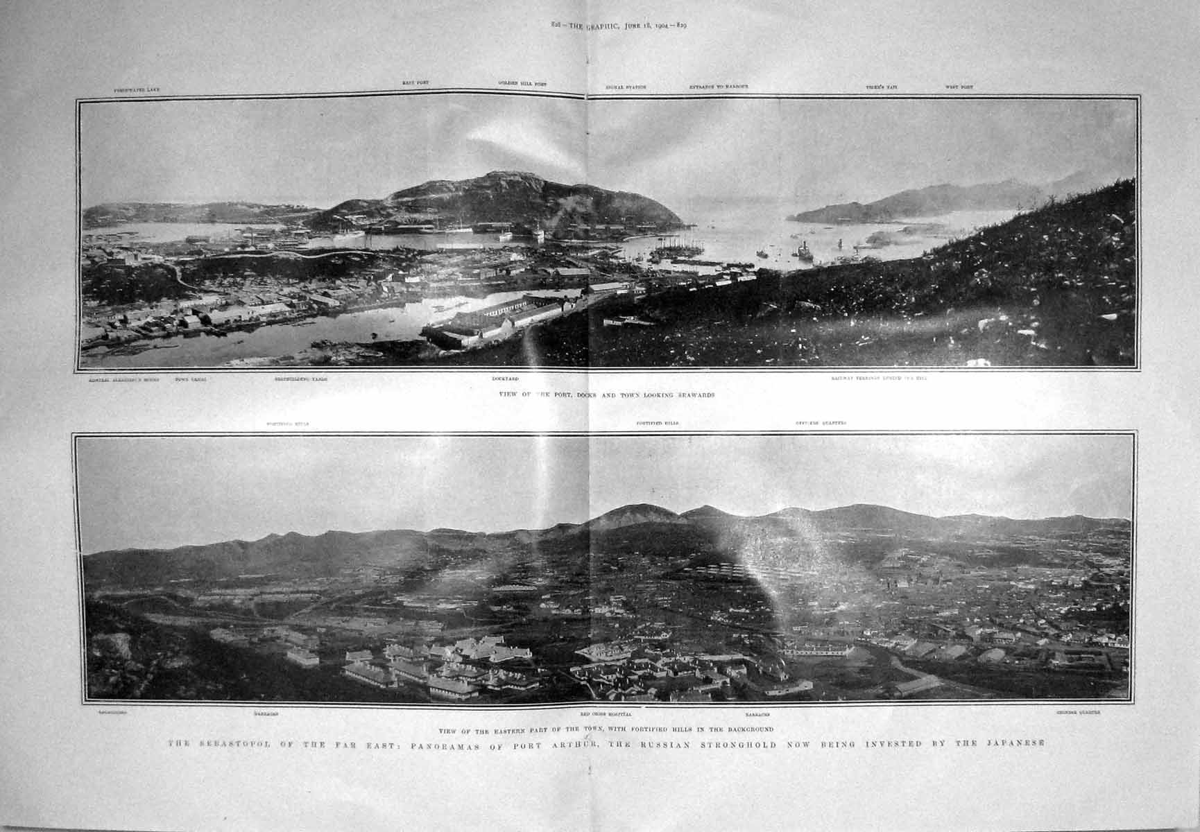 Old Antique Print 1904 Port Arthur Red Cross Hospital Barracks Dockyard 20th