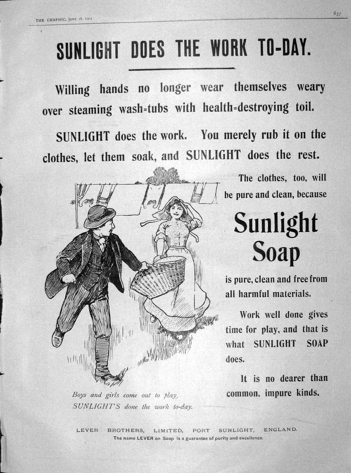 Original Old Antique Print 1904 Advertisement Sunlight Soap Lever Brothers 20th