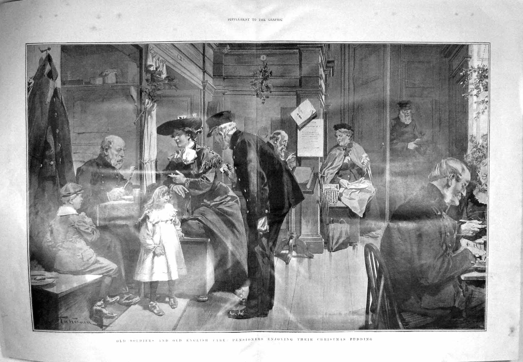 Original Old Antique Print 1904 War Siers Pensioners Christmas Pudding 20th