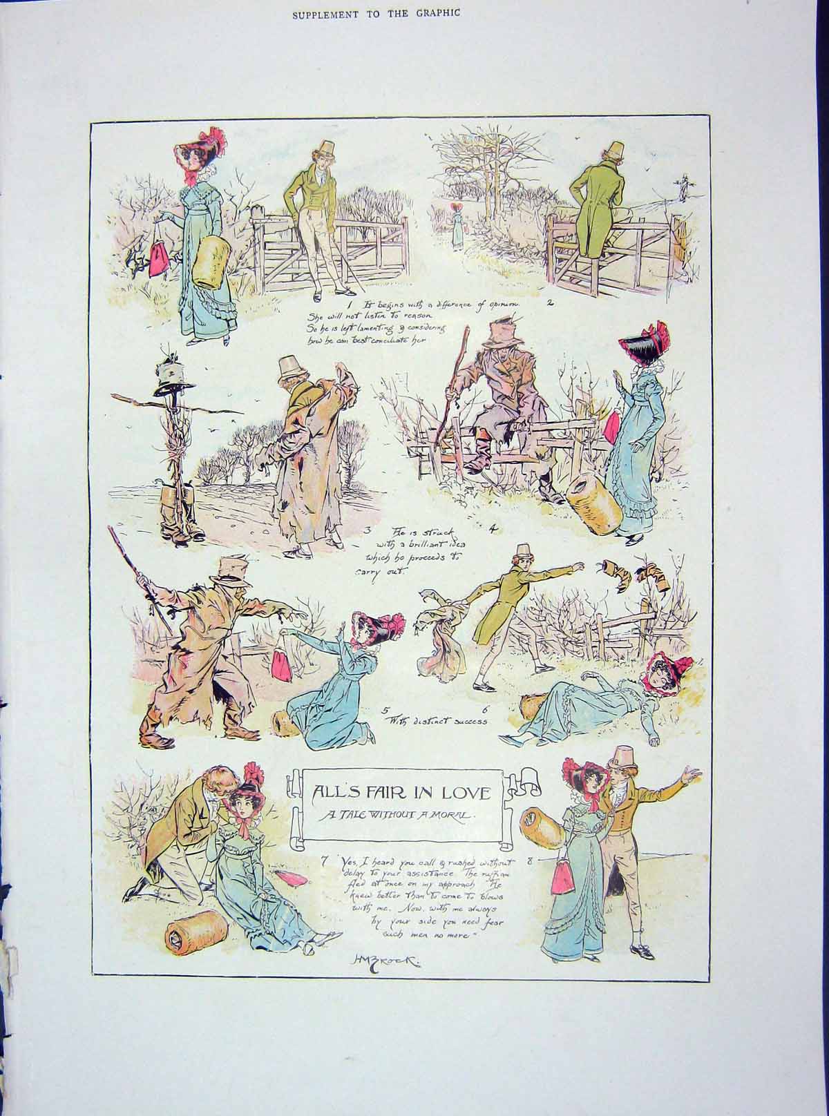 Old Antique Print 1904 All'S Fair In Love Story Tale Romance Countryside 20th