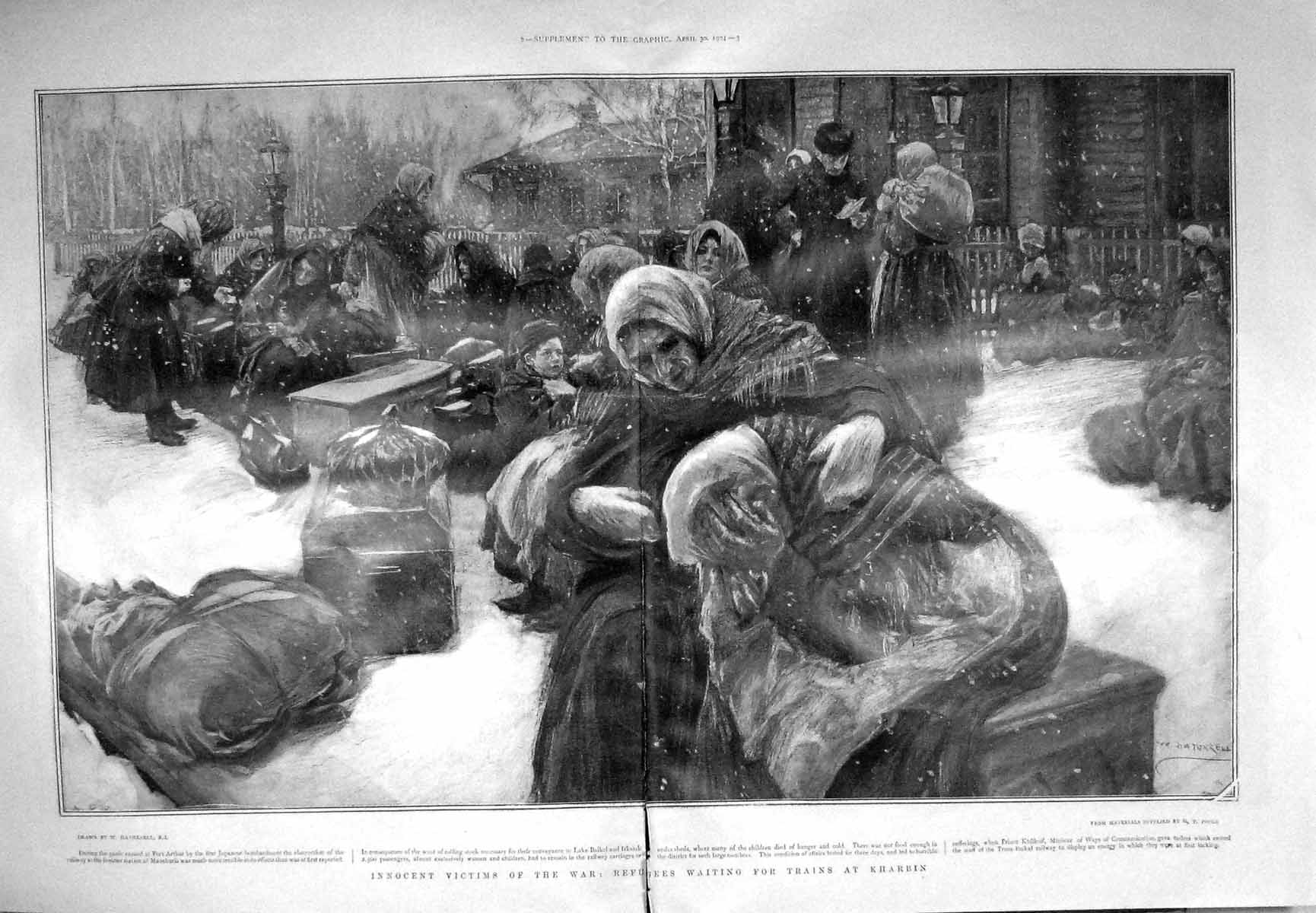 Original Old Antique Print 1904 Refugees War Train Station Kharbin Snow Scene