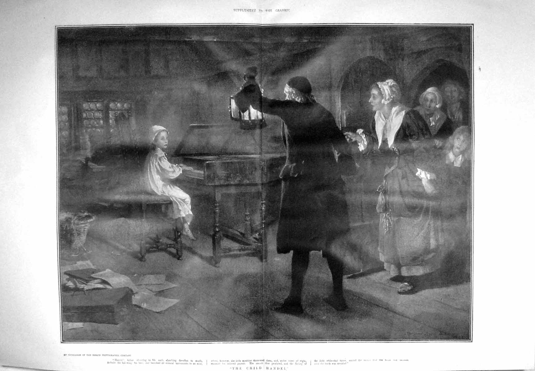 Original Old Antique Print 1904 Child Handel Music Piano Musician 20th Century