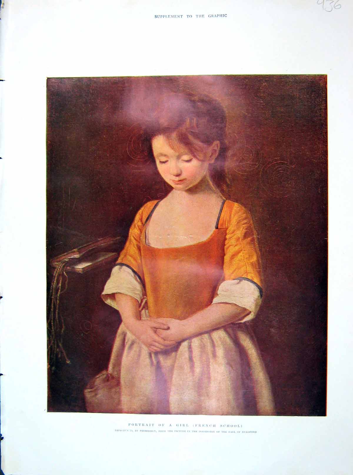 Old Antique Print 1904 Colour Portrait French School Girl Earl Bradford 20th