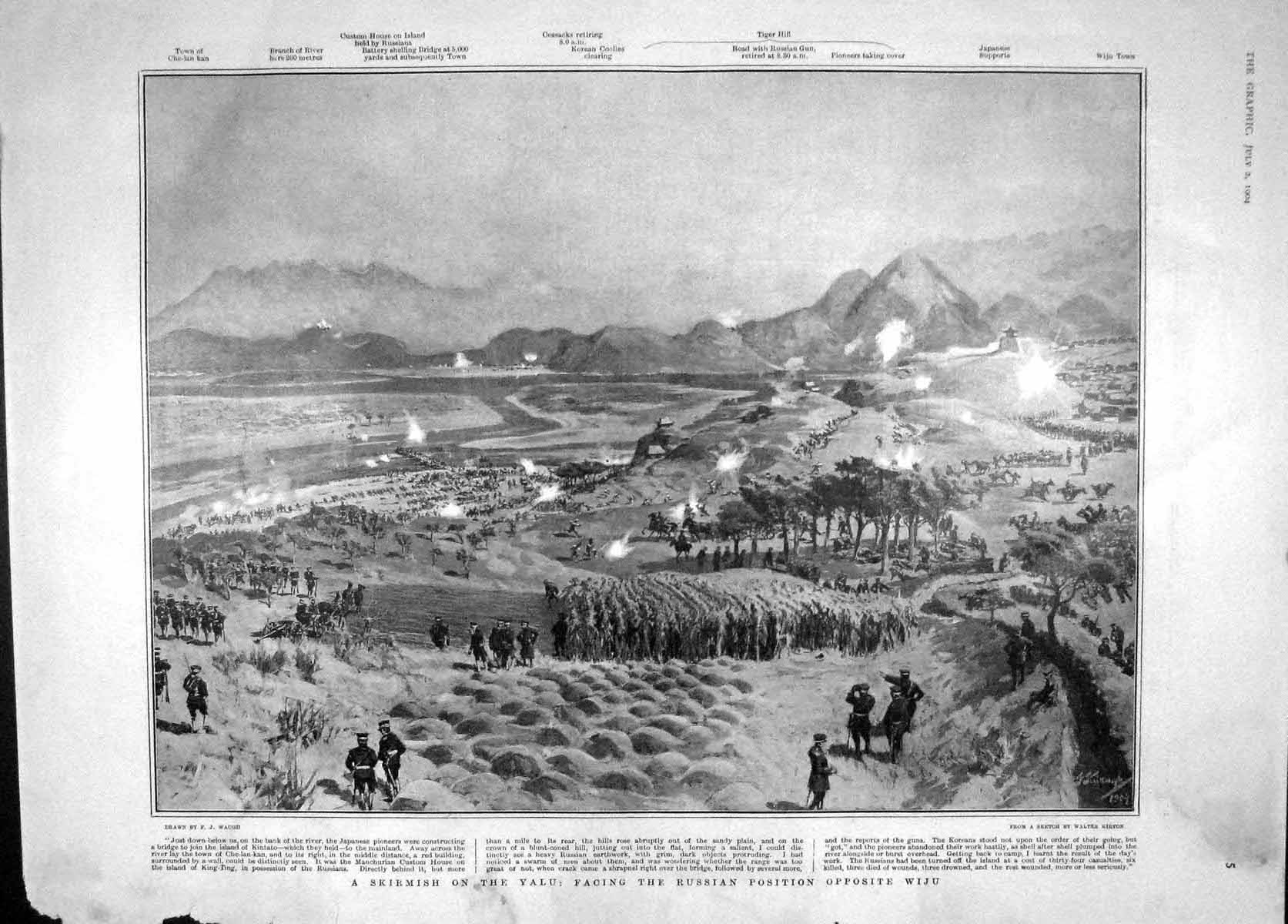 Original Old Antique Print 1904 Yalu War Russian Army Wiju Show Ealing Pigs Cow