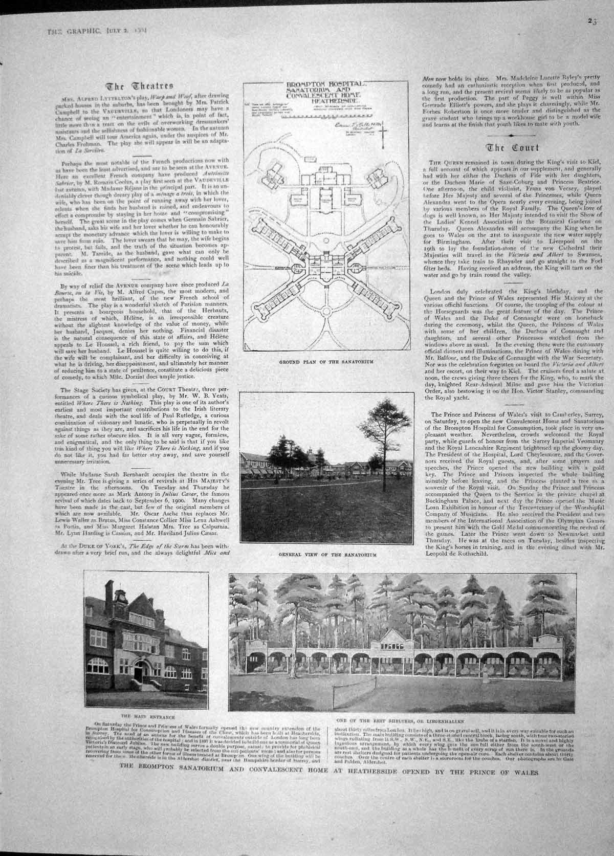 Old Antique Print 1904 Brompton Sanatorium Heatherside Greek Railway Map 20th