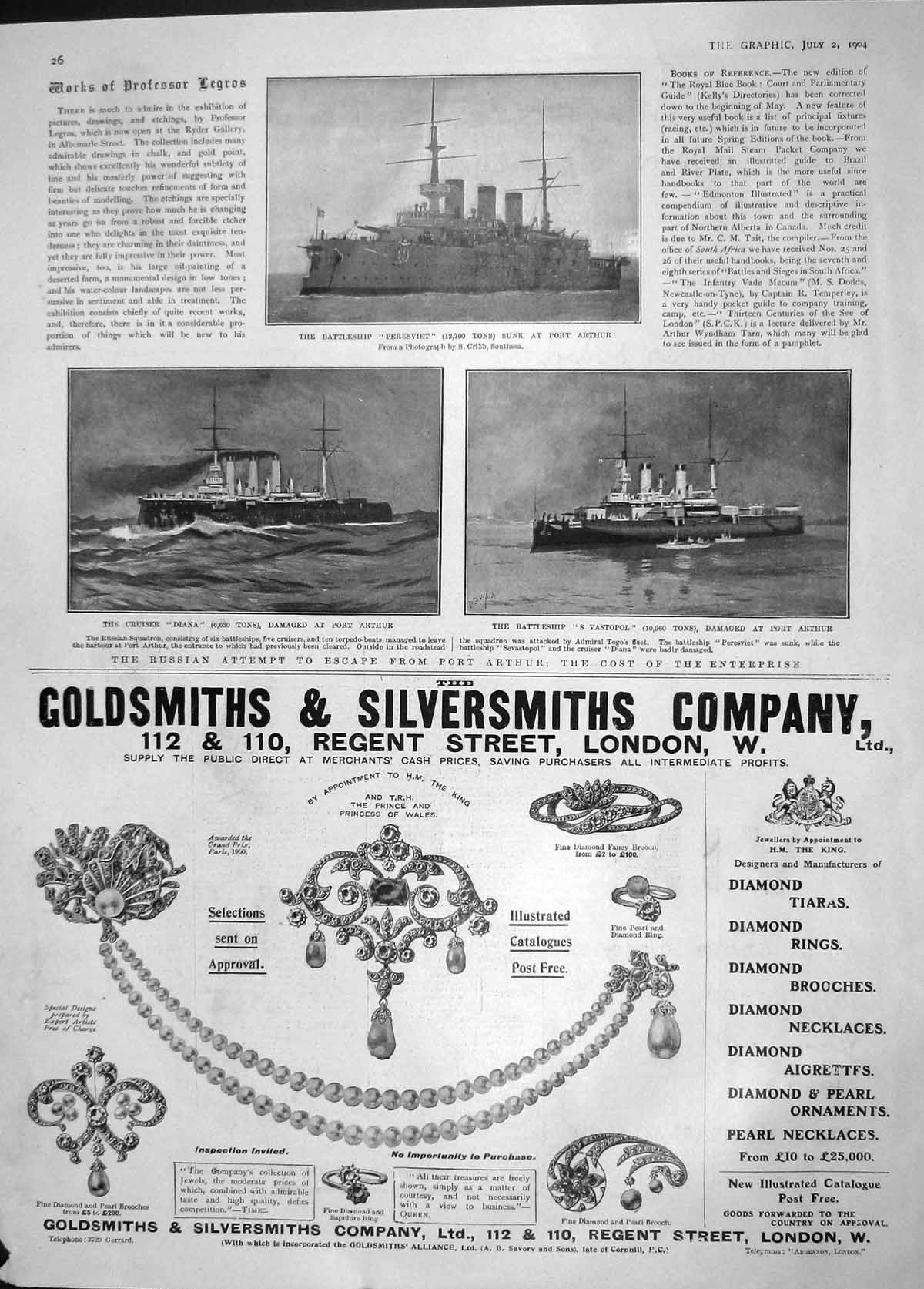 Old Antique Print 1904 Battle Ship Peresviet Port Arthur Diana Sevastopol 20th