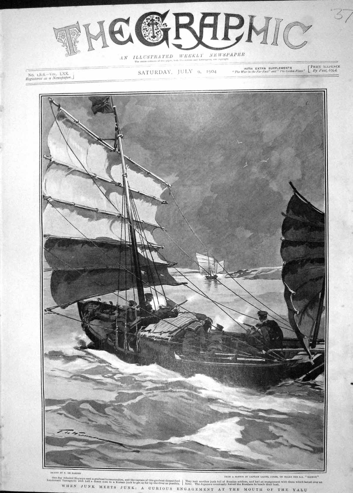 Original Old Antique Print 1904 Junk Boat River Yalu Admiral Hoysoyo Siers War