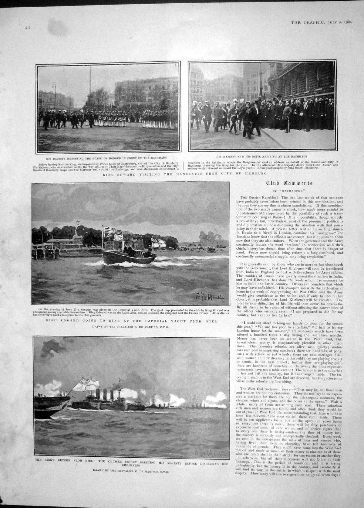 Old Antique Print 1904 King Edward Hamburg Kiel Watts Hohenzollern Ships 20th