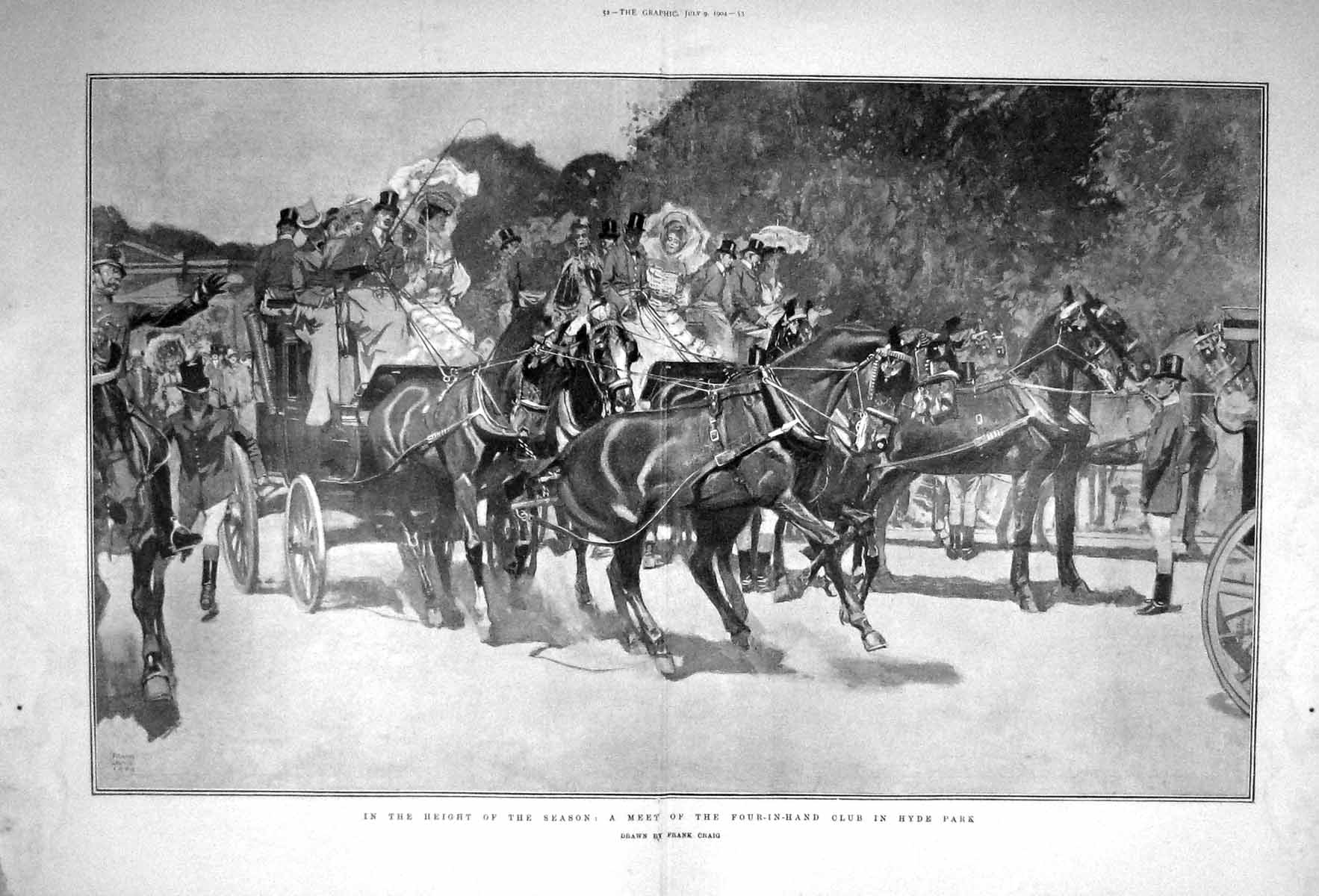 Old Antique Print 1904 Four-In-Hand Club Horses Coaches Hyde Park London 0 20th