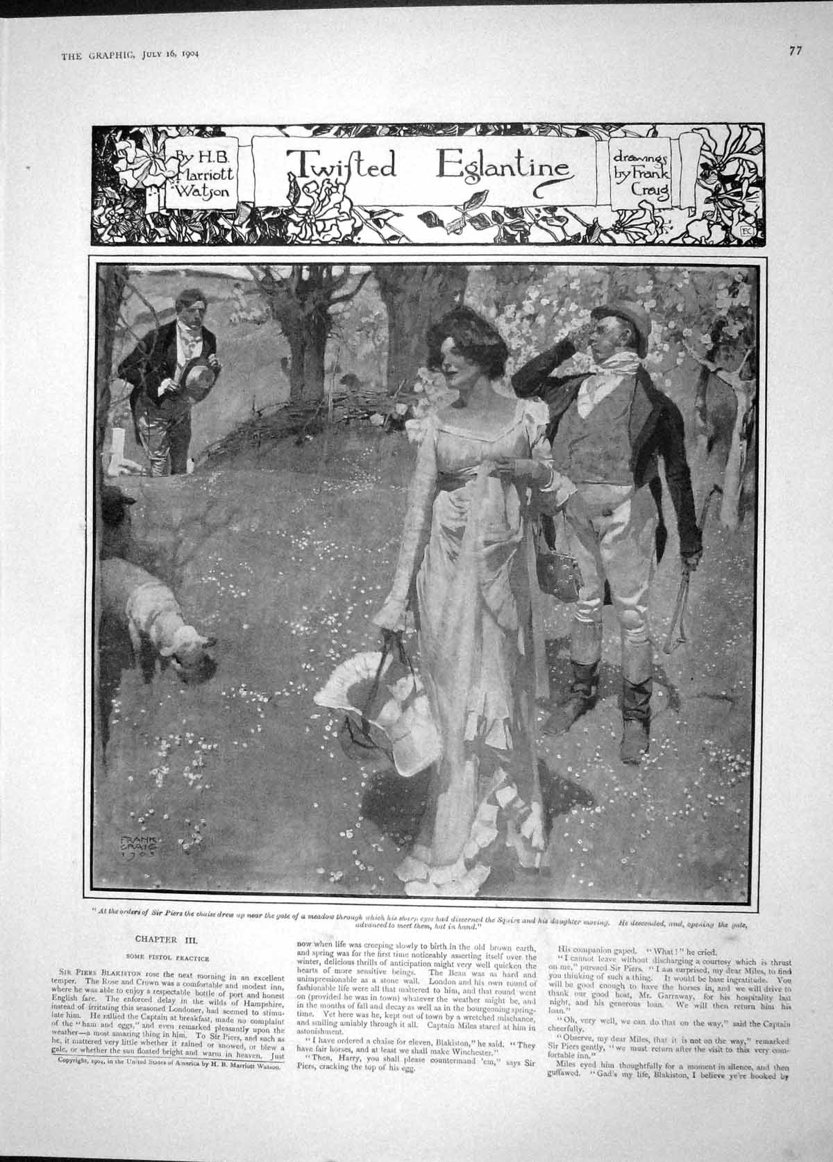 Old Antique Print 1904 Twisted Eglantine Piers Meadow Sheep Romance Scene 20th