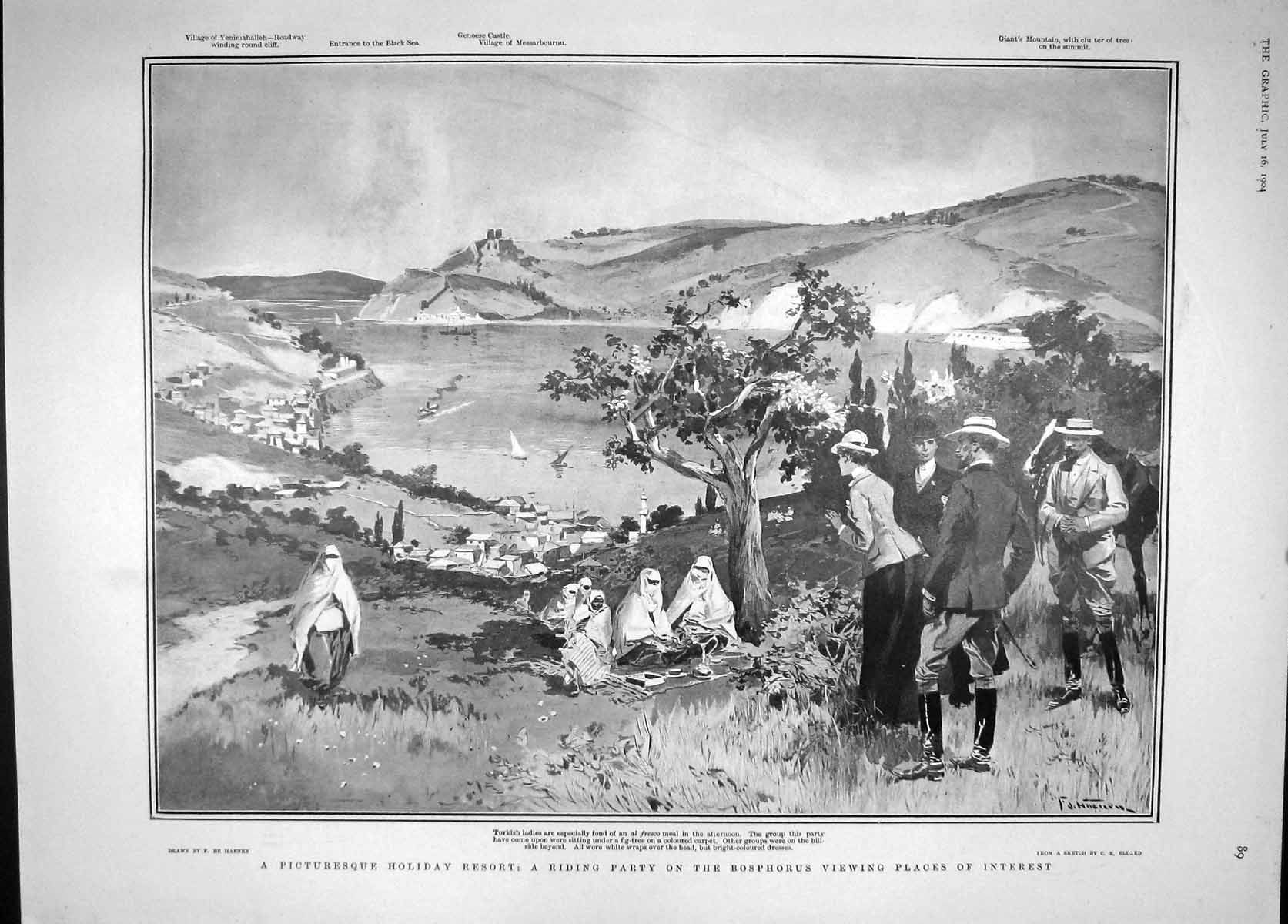 Old Antique Print 1904 Bosphorus Turkish Ladies Map Hospital Gordon Diaz 20th