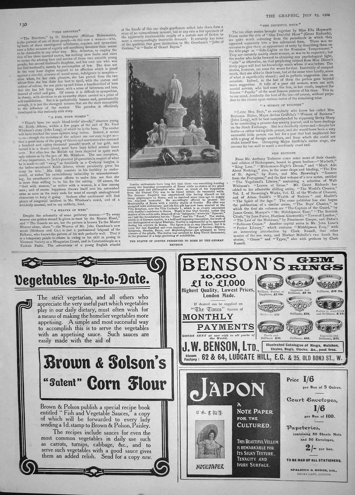 Original Old Antique Print 1904 Statue Goethe Rome German Emperor Brown Polson