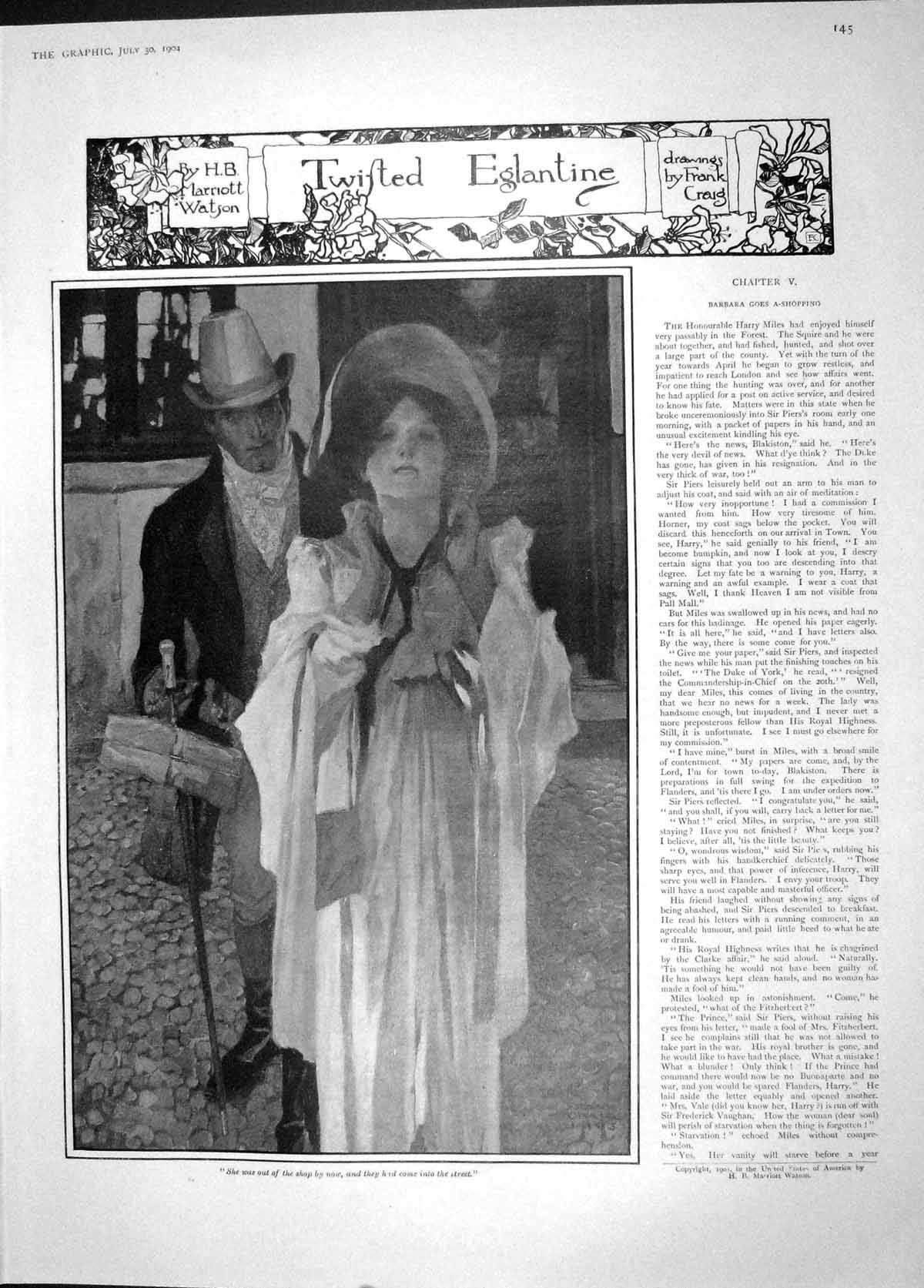 Old Antique Print 1904 Twisted Eglantine Lady Shopping Servant Man Scene 20th