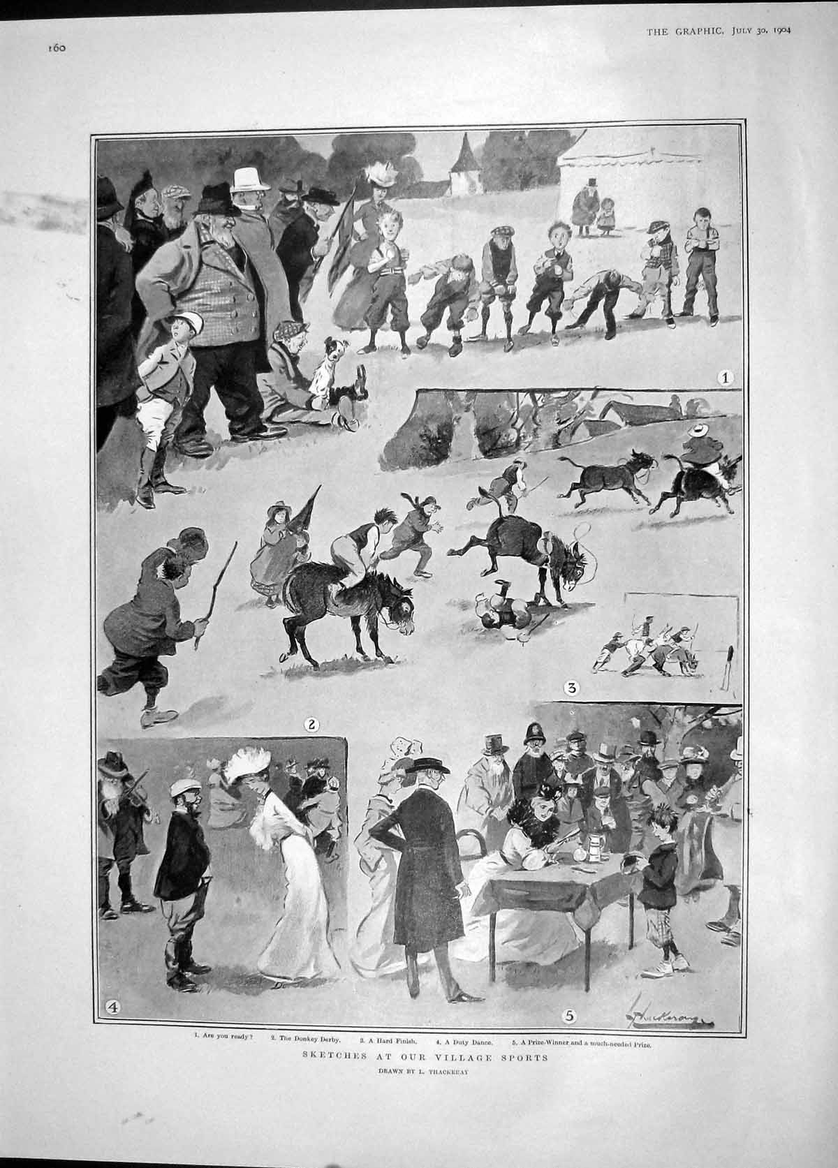 Original Old Antique Print 1904 Village Sports Donkey Prince Wales Bisley Simon