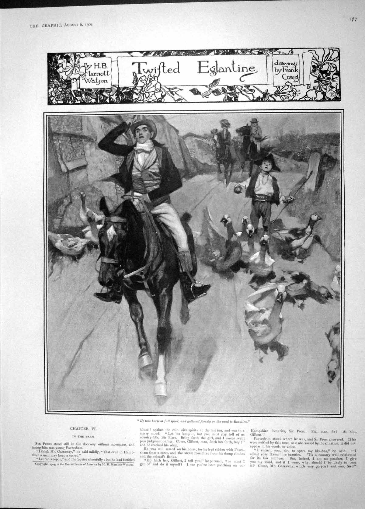 Old Antique Print 1904 Twisted Eglantine Man Horse Geese Beaulieu Street 20th