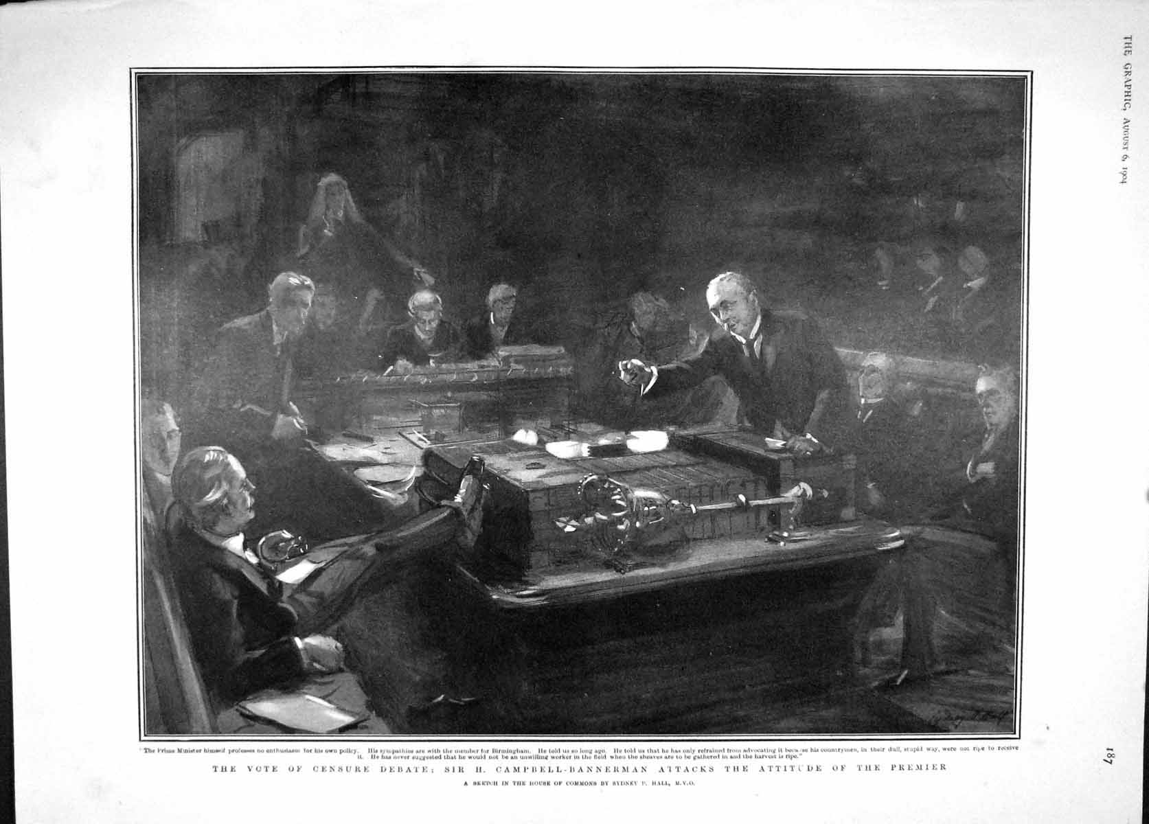 Old Antique Print 1904 Censure Debate Campbell-Bannerman Passenger Ship 20th