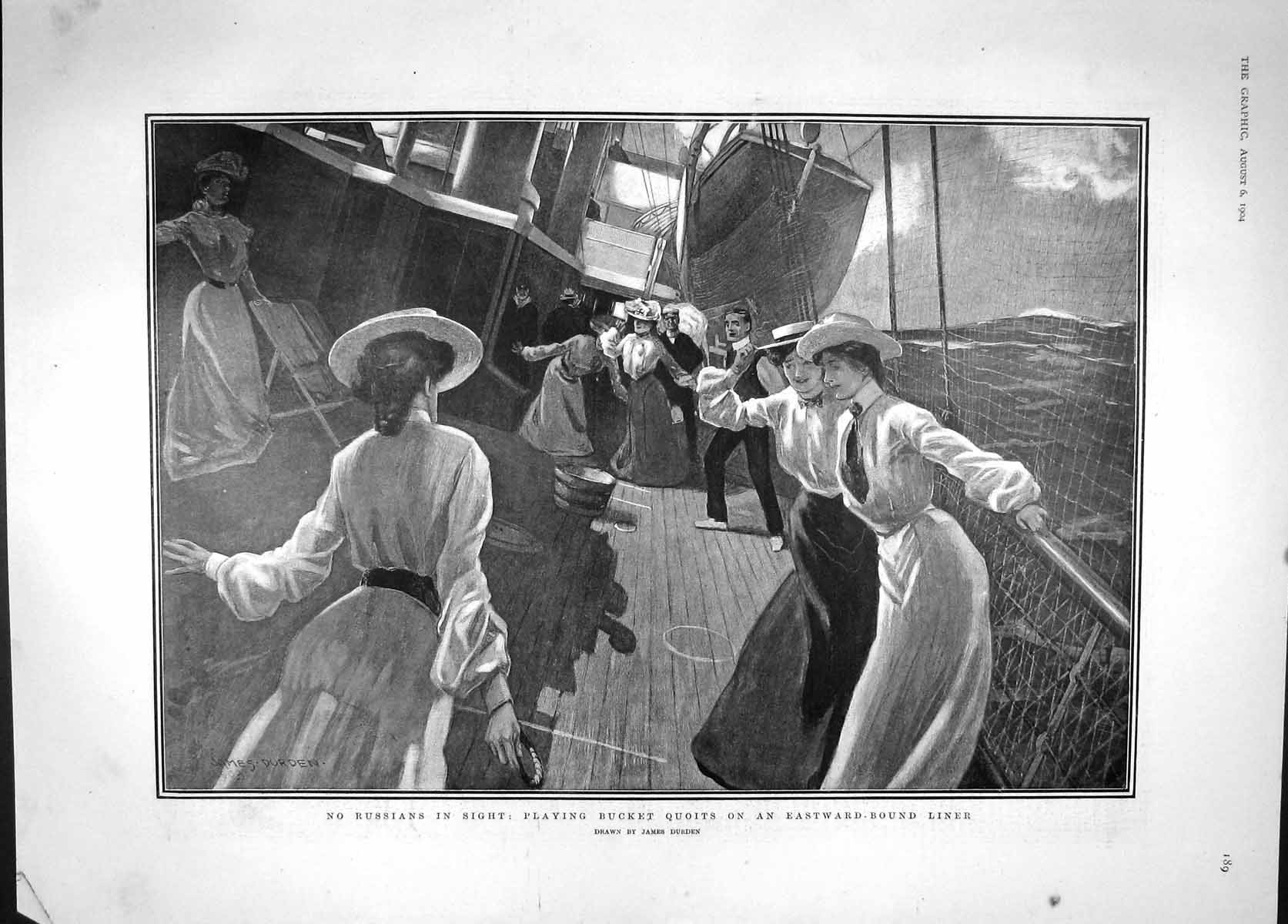 Old Antique Print 1904 Passengers Ship Bucket Quoits Bull Tiger San Beck 20th