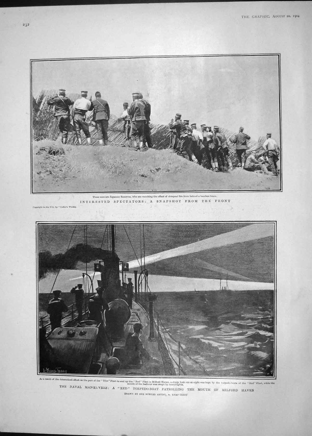 Original Old Antique Print 1904 Navy Red Torpedo Boat Milford Haven Japan Army