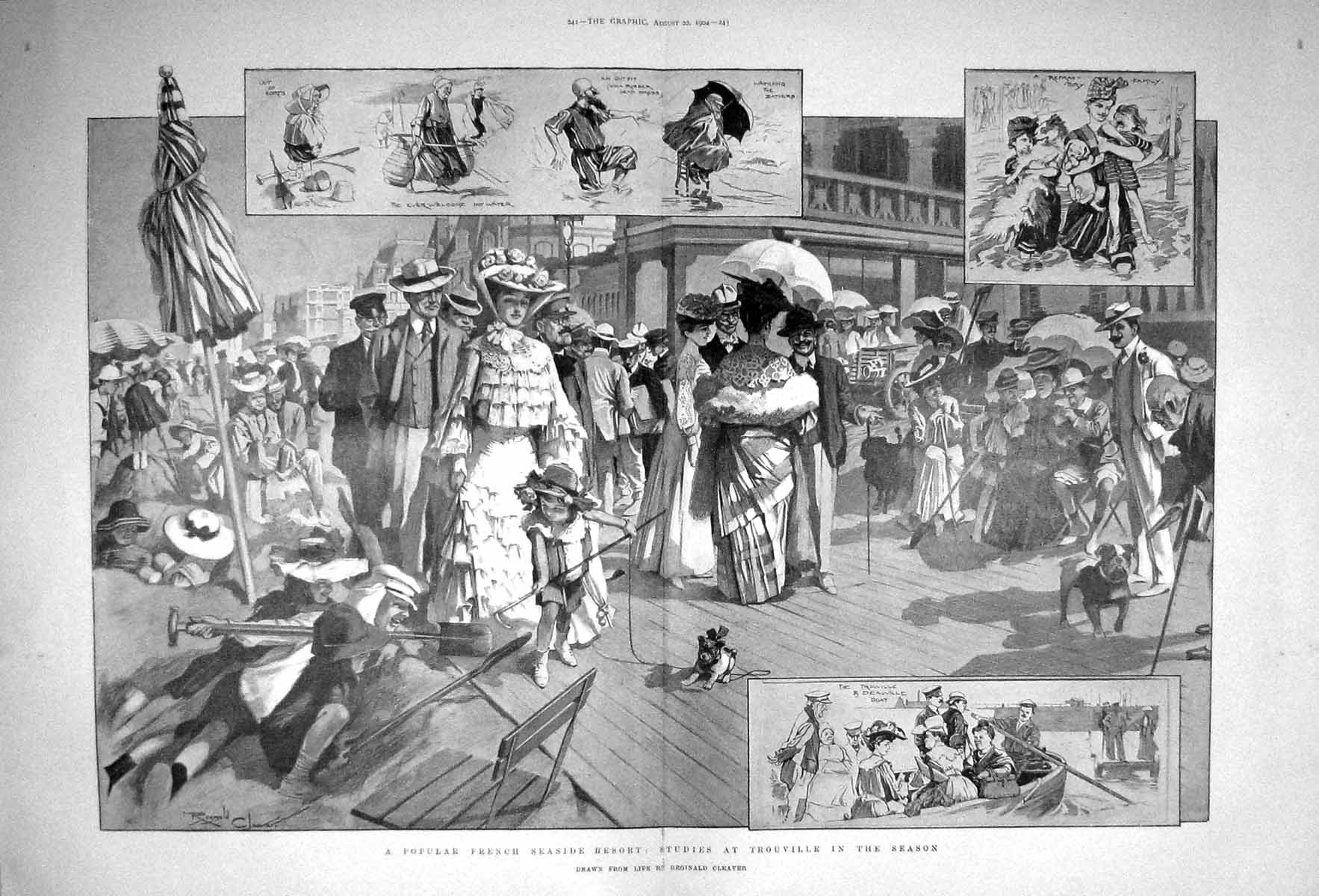 Original Old Antique Print 1904 French Seaside Resort Trouville Boat France