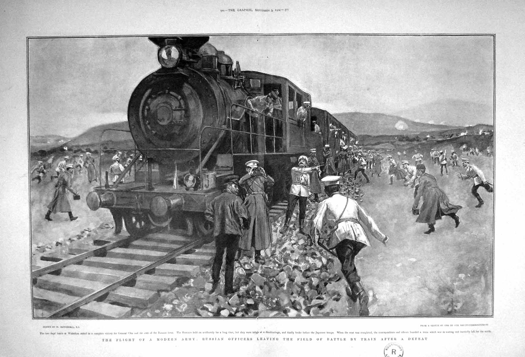 Old Antique Print 1904 Army Russian Officers Battle Field Train Oku War 20th