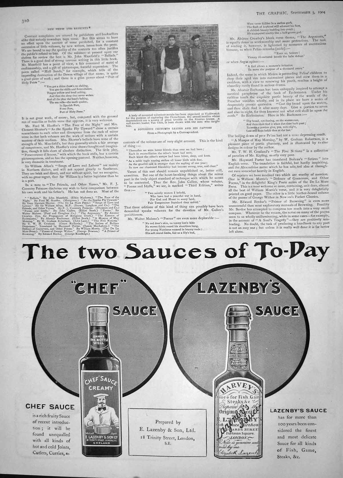 Original Old Antique Print 1904 Chunchus Armed Bandits Chef Lazenby Sauce 20th