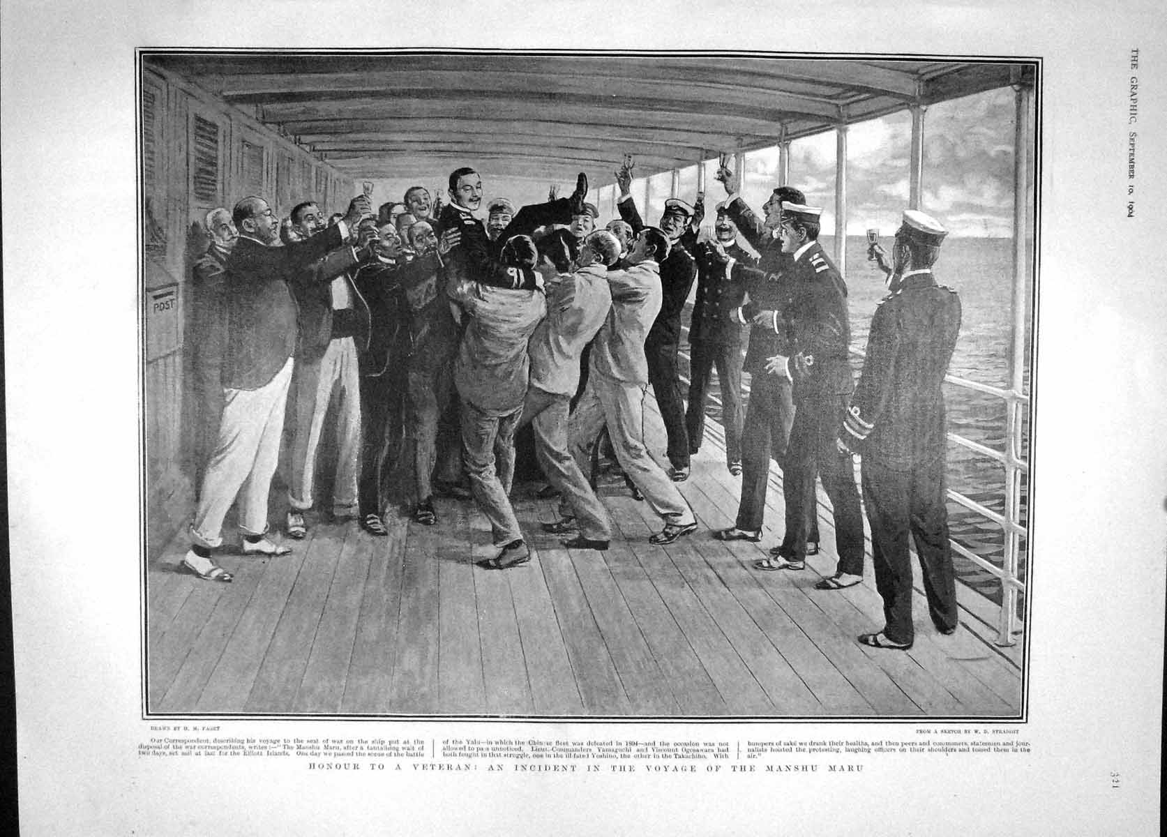 Old Antique Print 1904 Sailors Ship Manshu Maru War Tsar Olga Marie Girls 20th