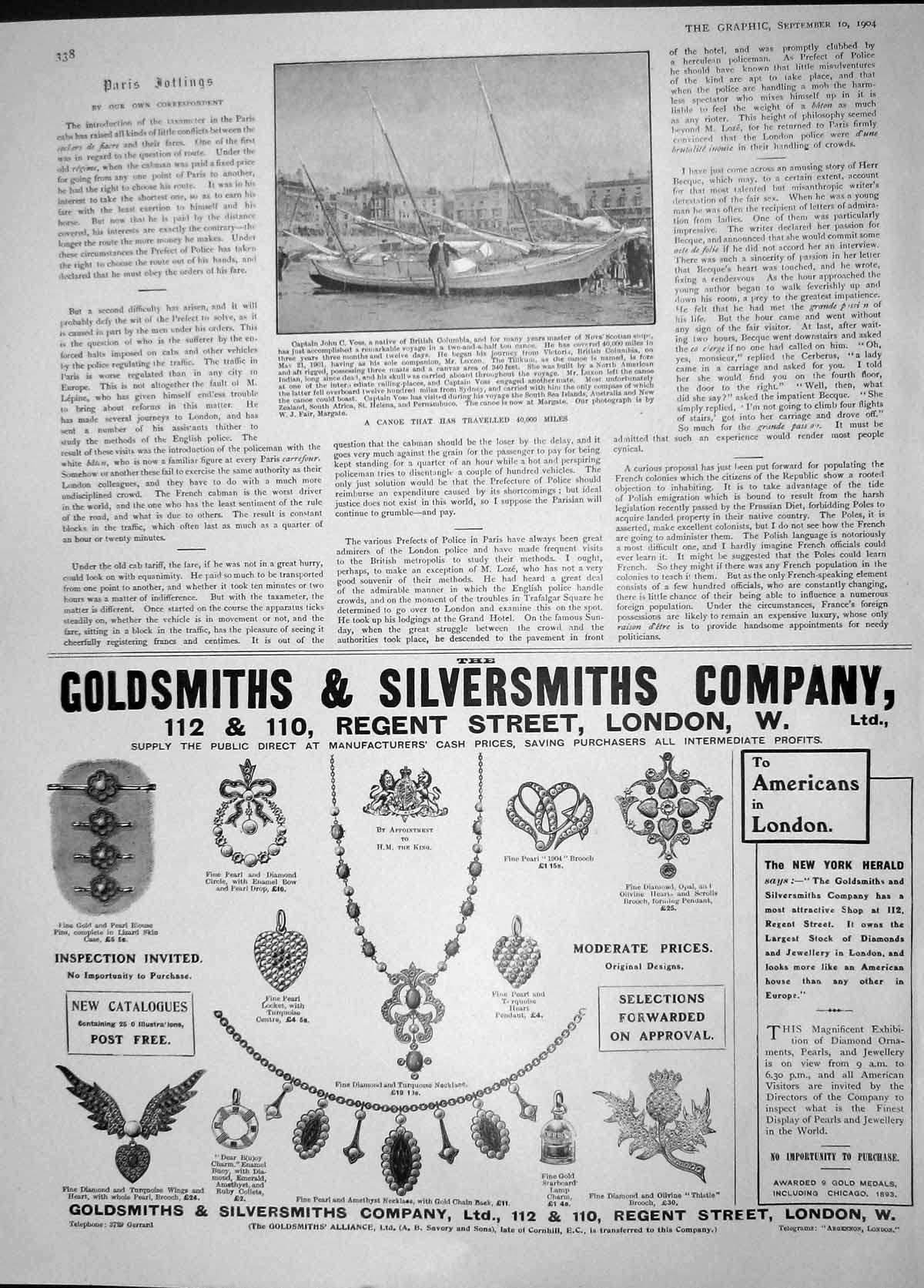 Original Old Antique Print 1904 Canoe Captain John Voss Gsmith Silversmith 20th