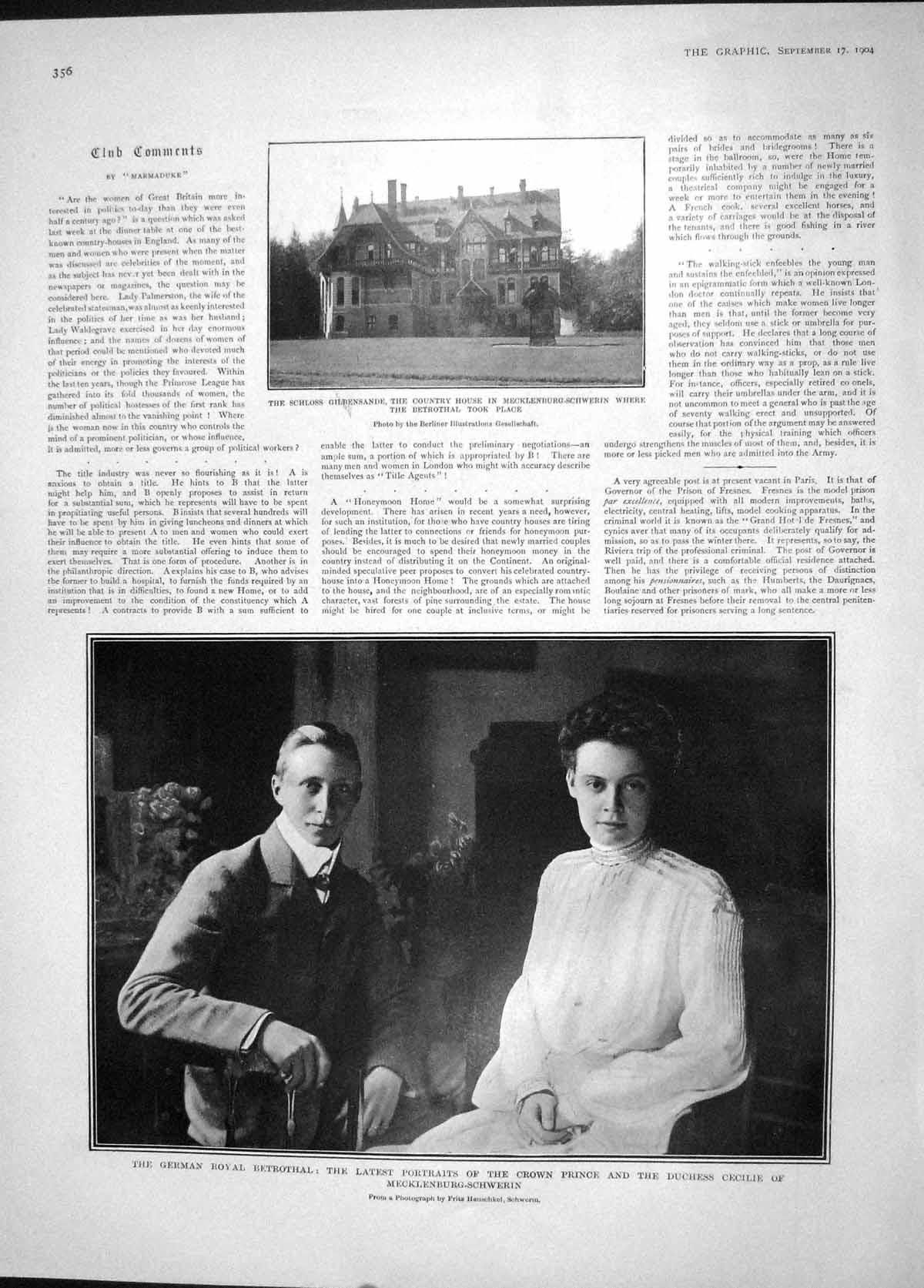 Old Antique Print 1904 Germany Mecklenburg-Schwerin Cecilie Horse Polly 20th