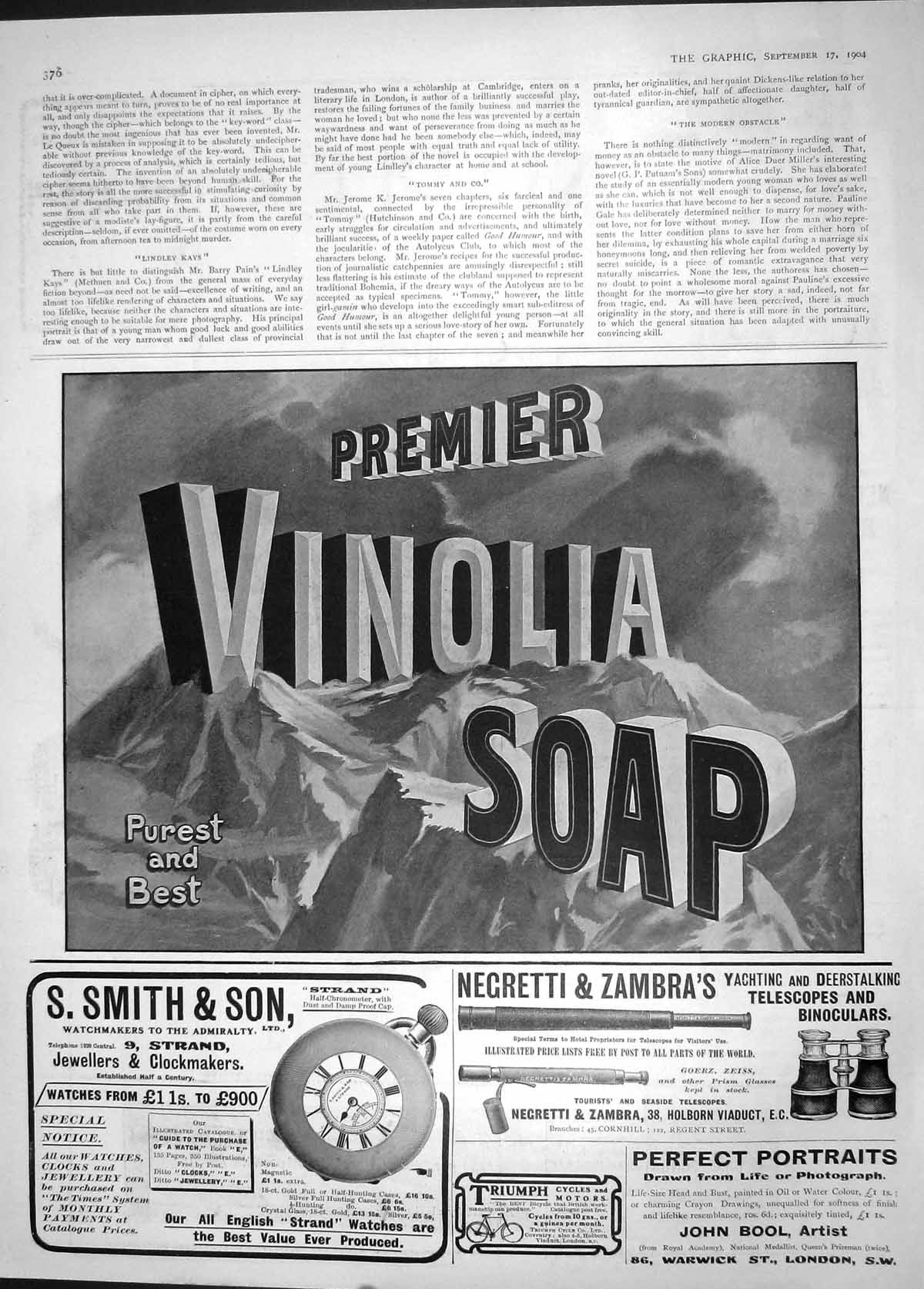 Old Antique Print 1904 Advertisement Vinolia Soap Binoculars Clockmakers 20th