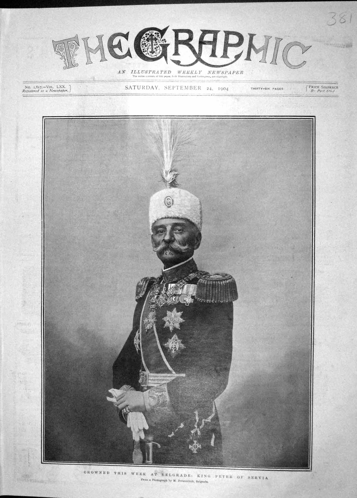 Original Old Antique Print 1904 Portrait King Peter Servia Crowned Belgrade