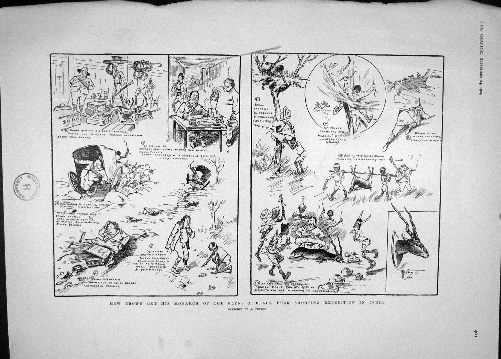 Original Old Antique Print 1904 Black Buck Shooting India Ship AskLhasa Lena
