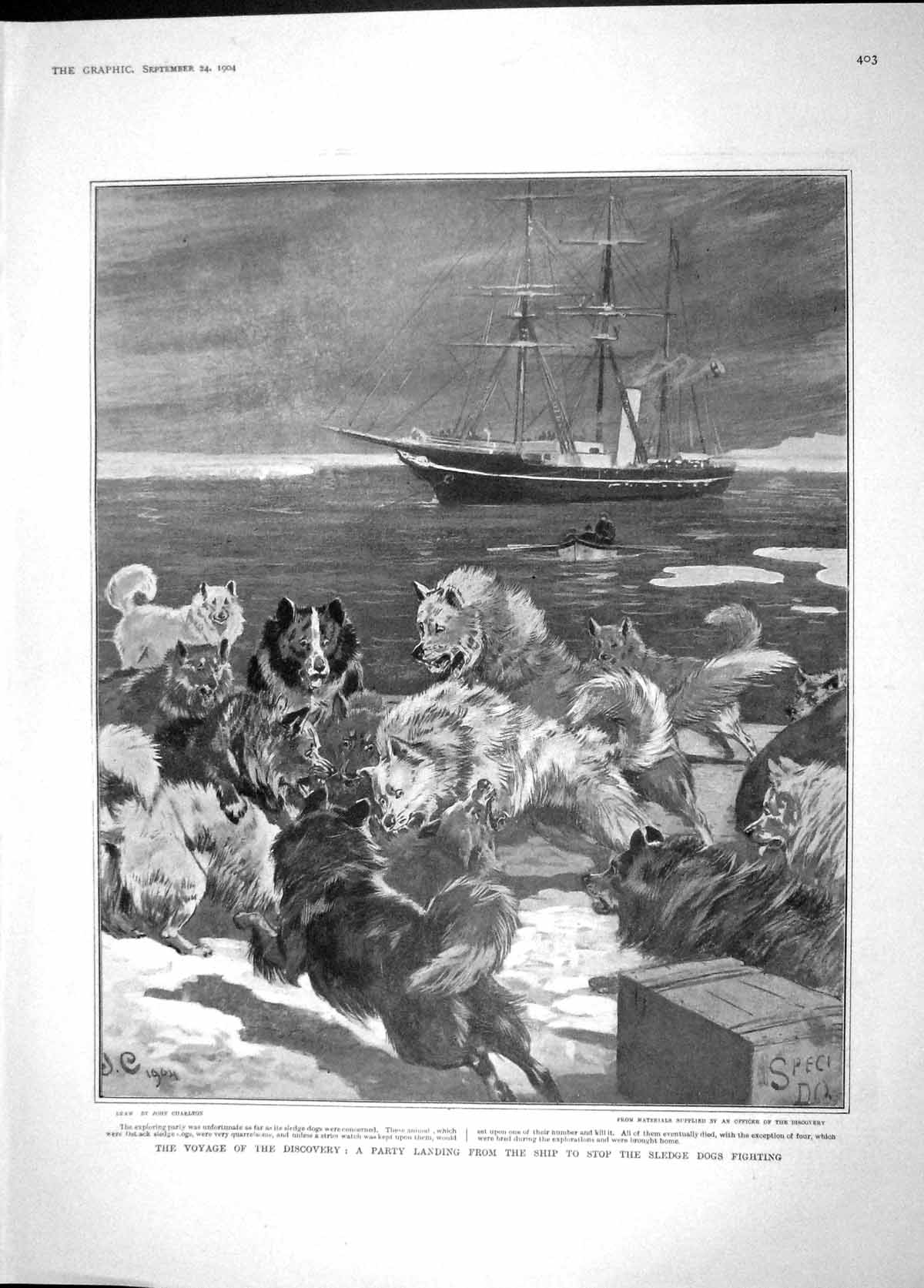 Original Old Antique Print 1904 Ship Discovery Sledge Dogs King Peter Belgrade
