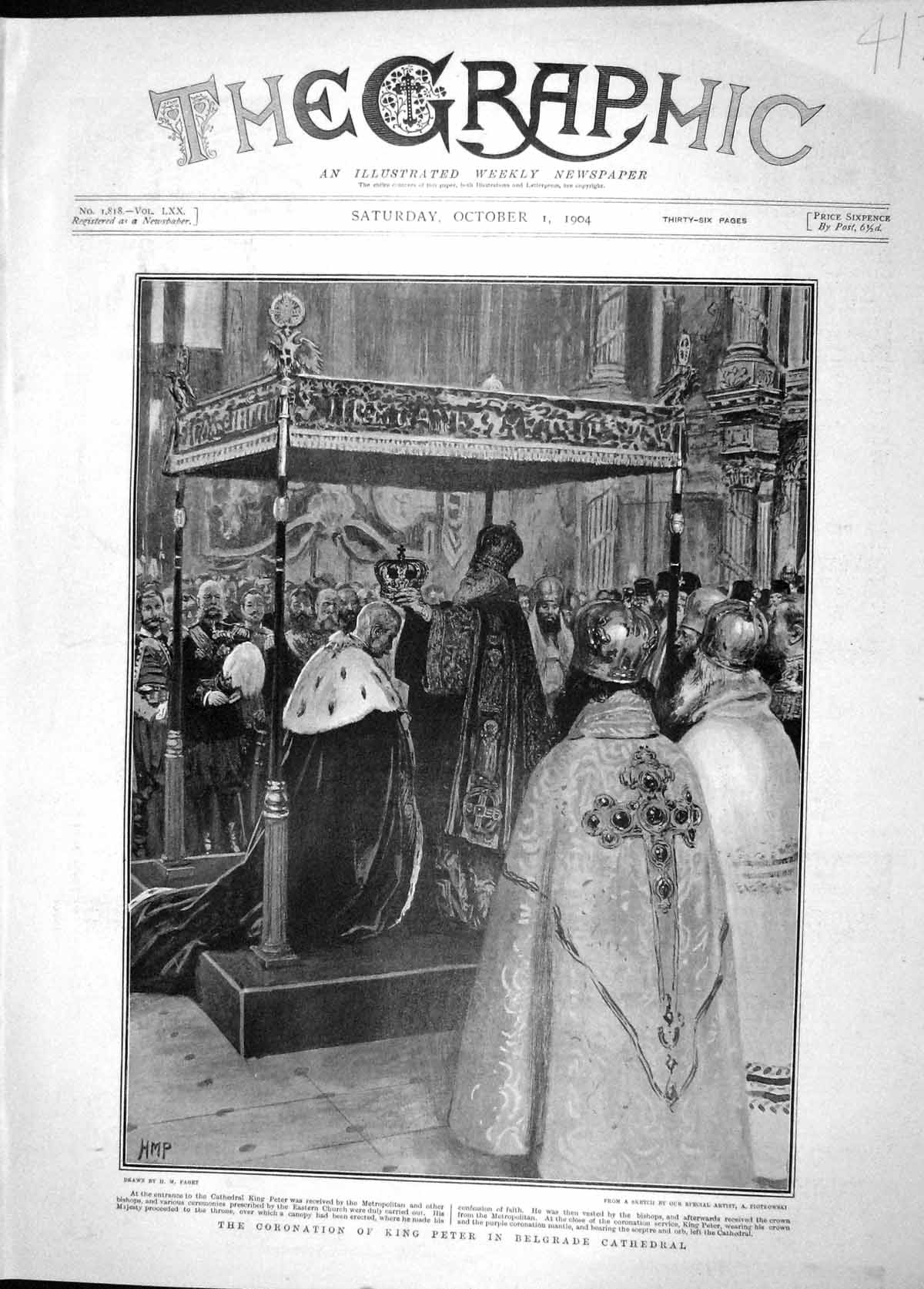 Old Antique Print 1904 Coronation King Peter Belgrade Cathedral Bishops 20th