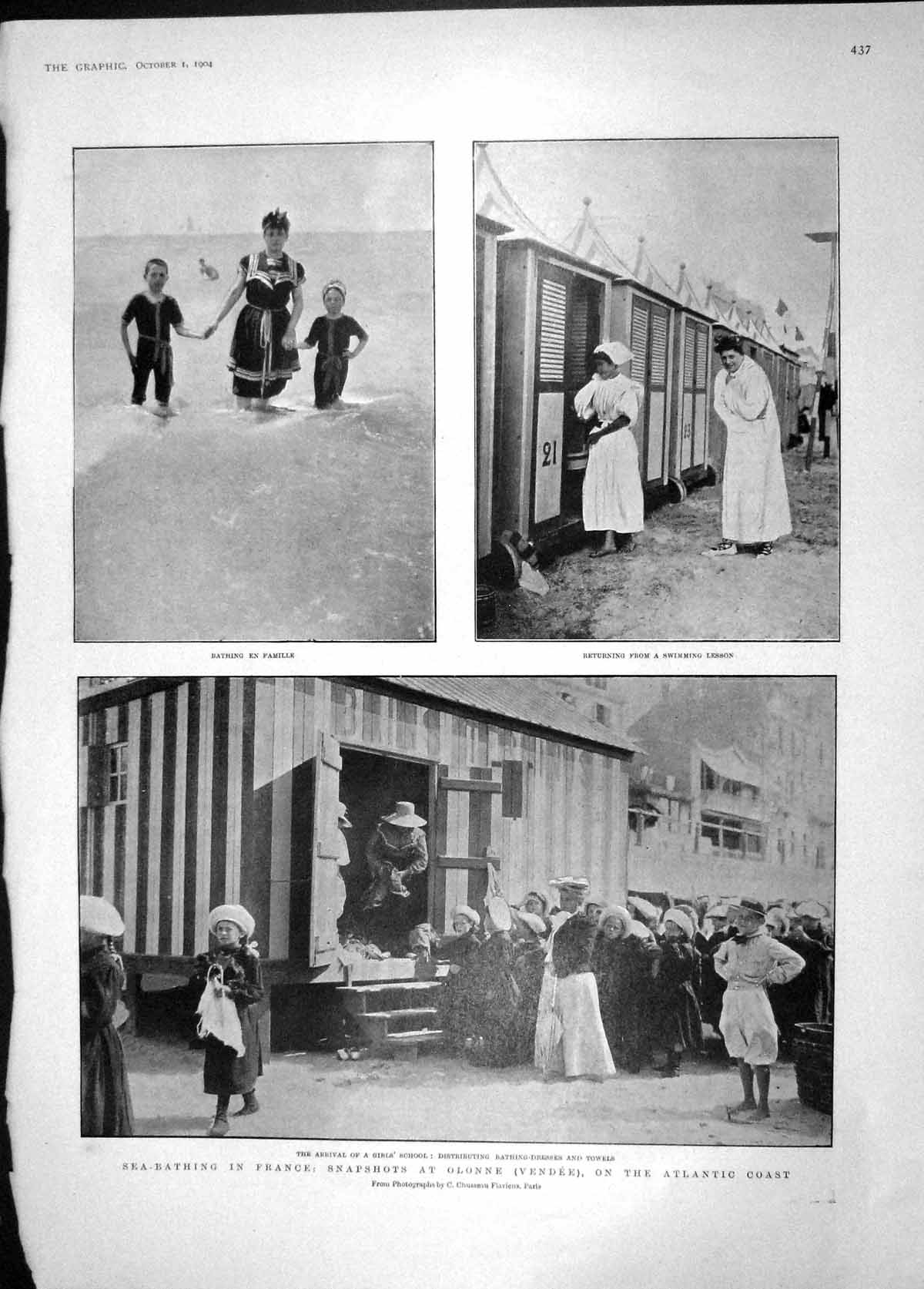Original Old Antique Print 1904 Sea Bathing France Olonne Hudson Hunter Finsen