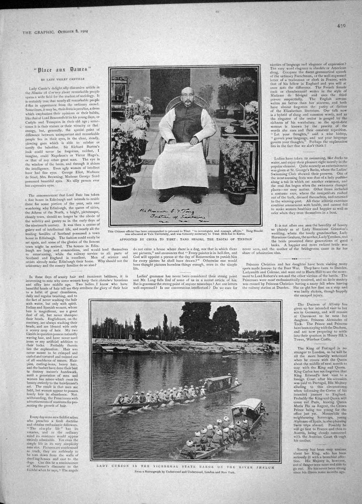 Old Antique Print 1904 Tang Shaoki Tientsin Lady Curzon Ship Olympia War 20th