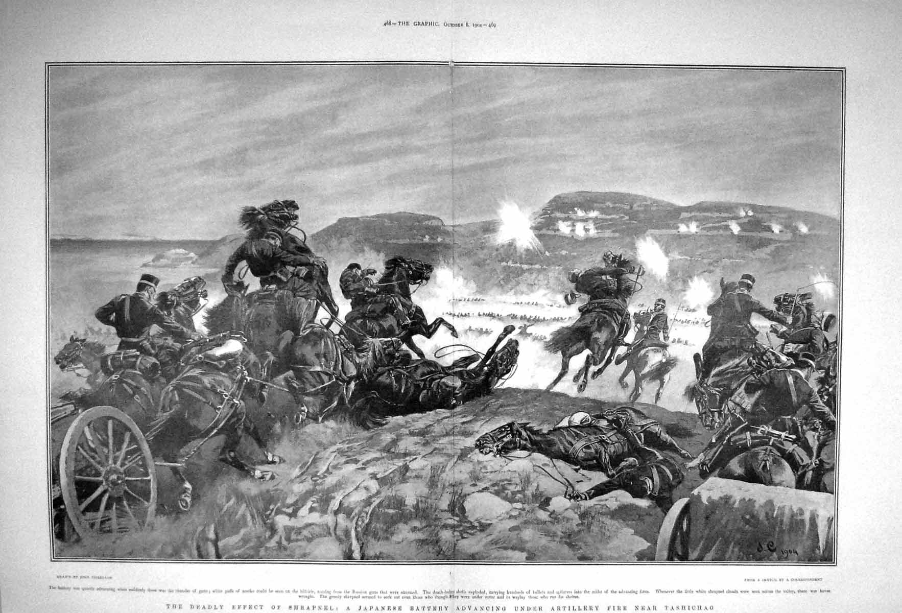 Old Antique Print 1904 Japan Battery Artillery War Tashichao Horses Guns 20th