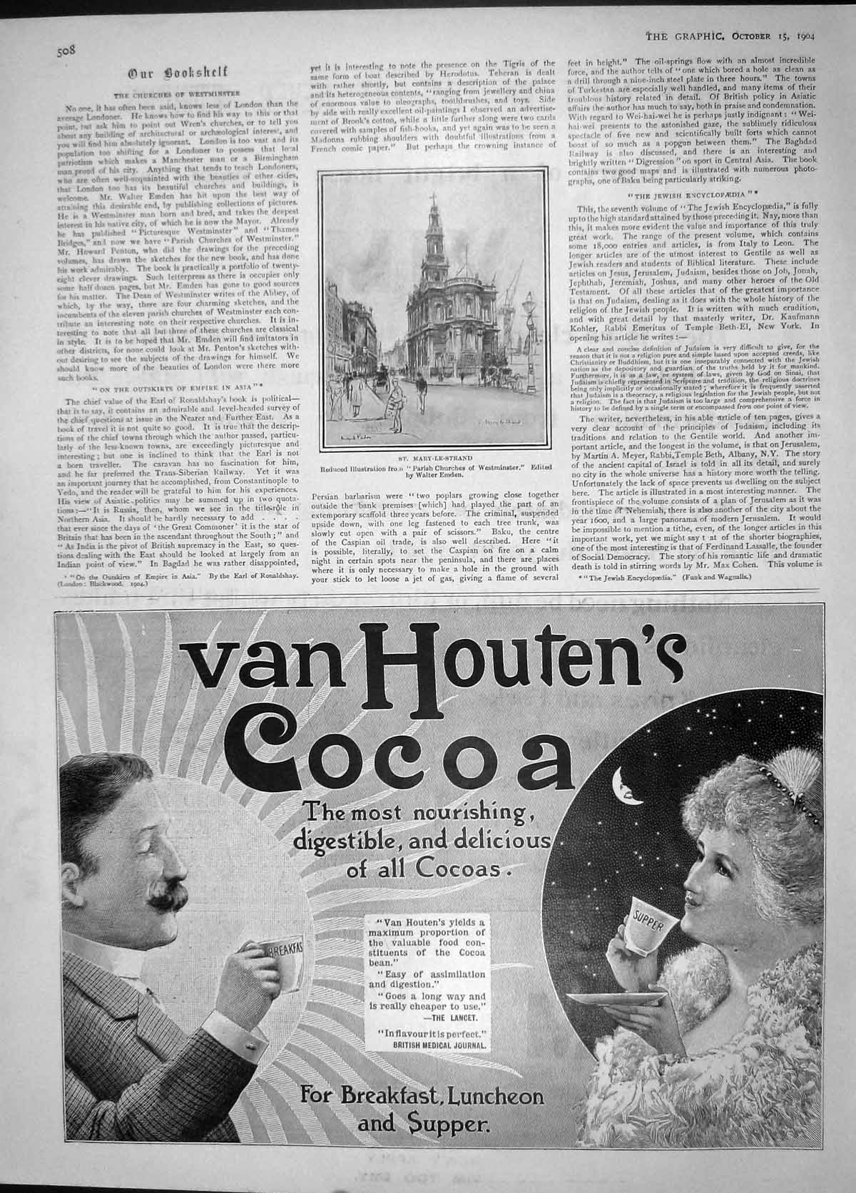 Original Old Antique Print 1904 St. Mary-Le-Strand Van Houten'S Cocoa Advert