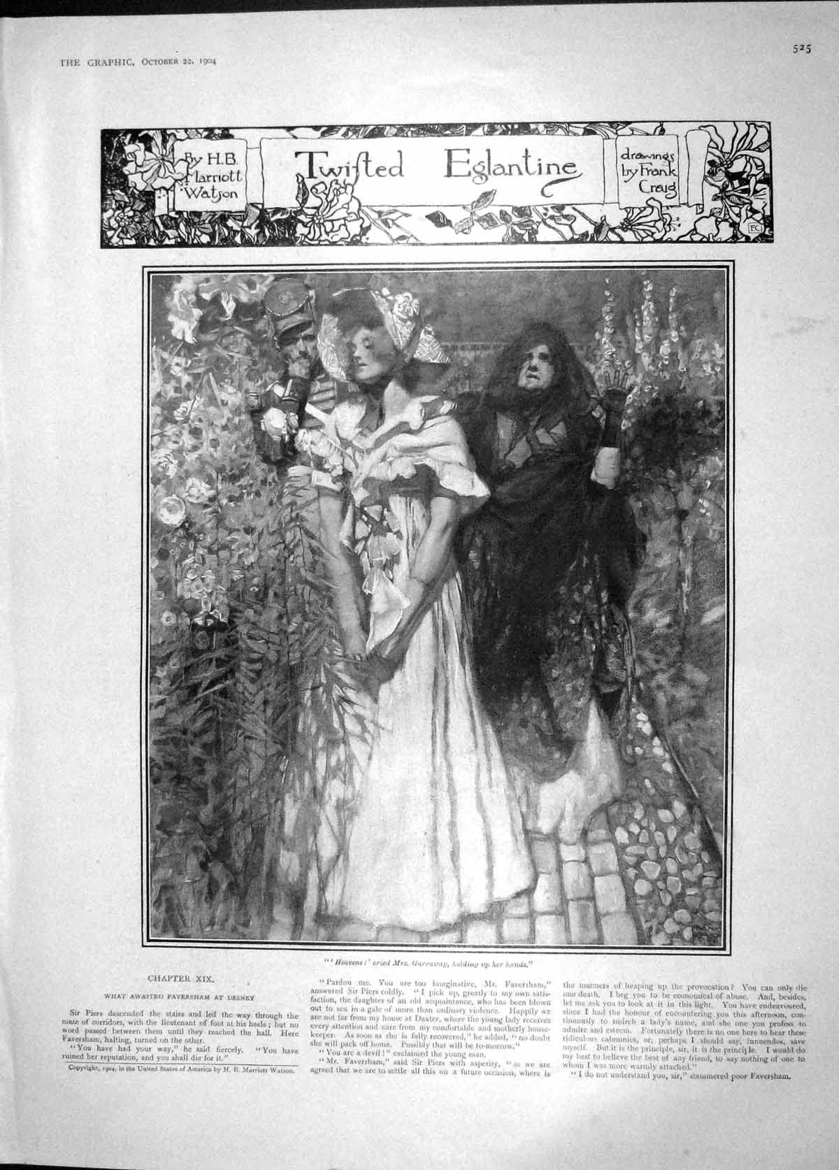 Original Old Antique Print 1904 Ladies Romance Man Garraway Garden Flowers 20th
