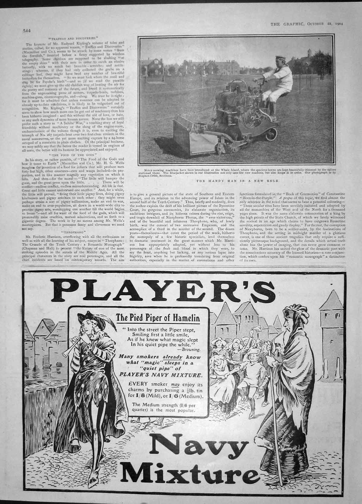 Original Old Antique Print 1904 Handy Man Motor Mowing Machine Players Navy Cut